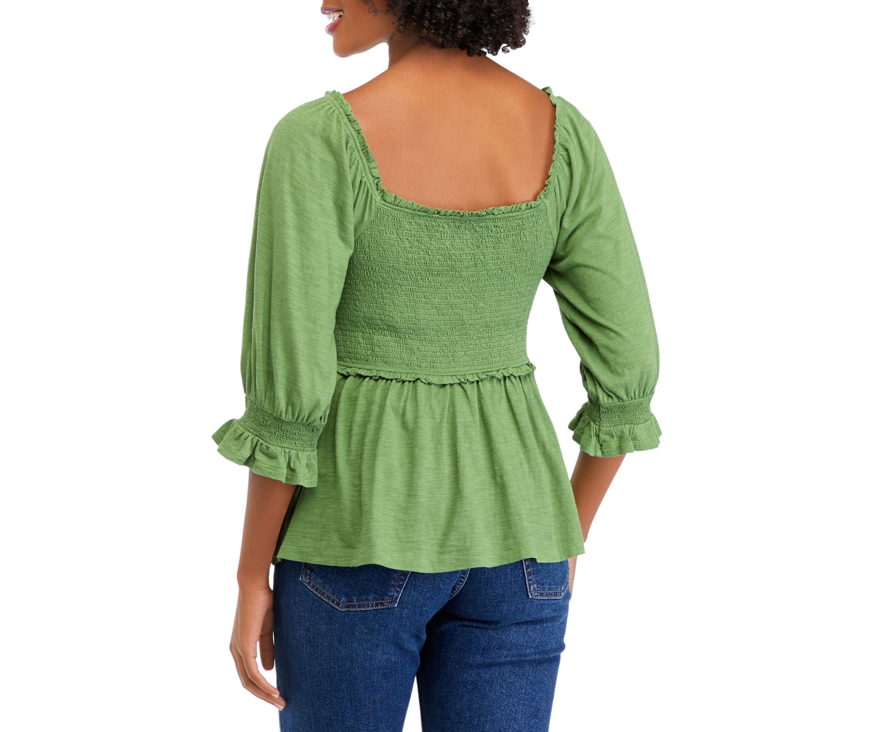 Womens 3/4 Sleeve Smocked T-Shirt