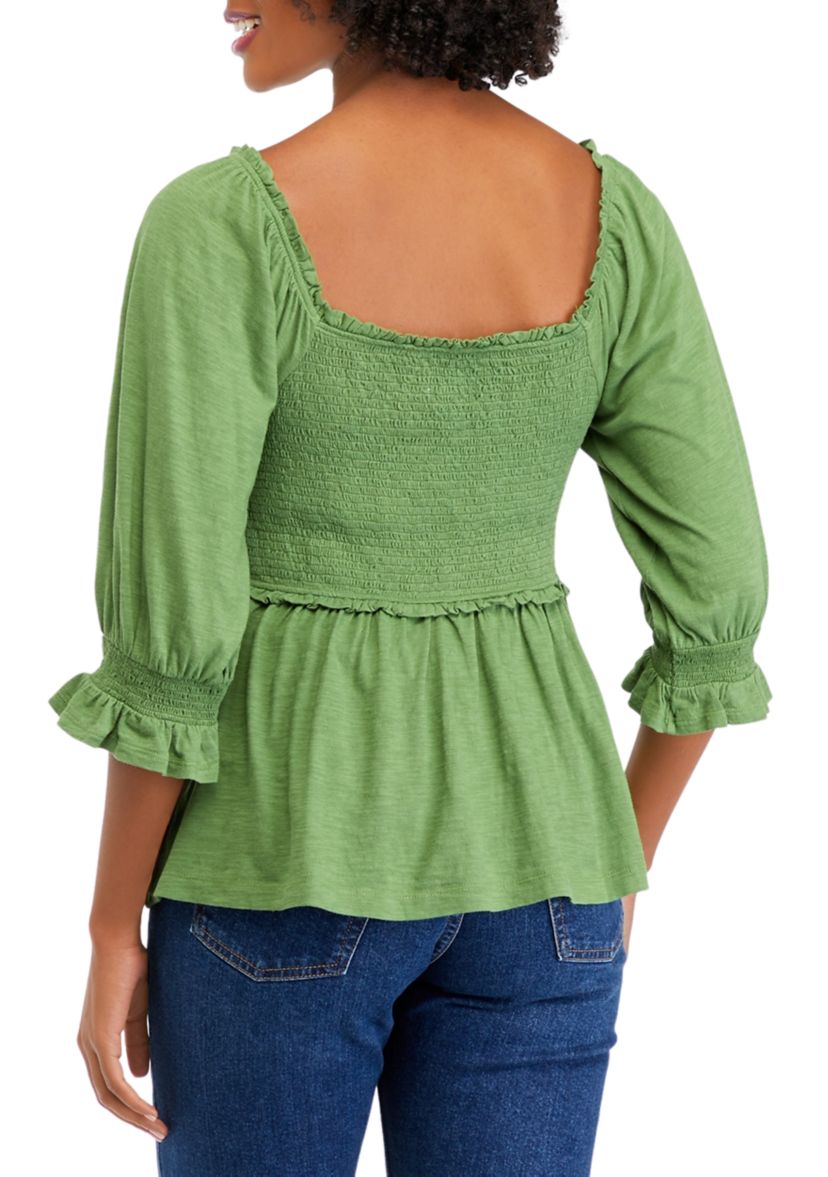 Womens 3/4 Sleeve Smocked T-Shirt