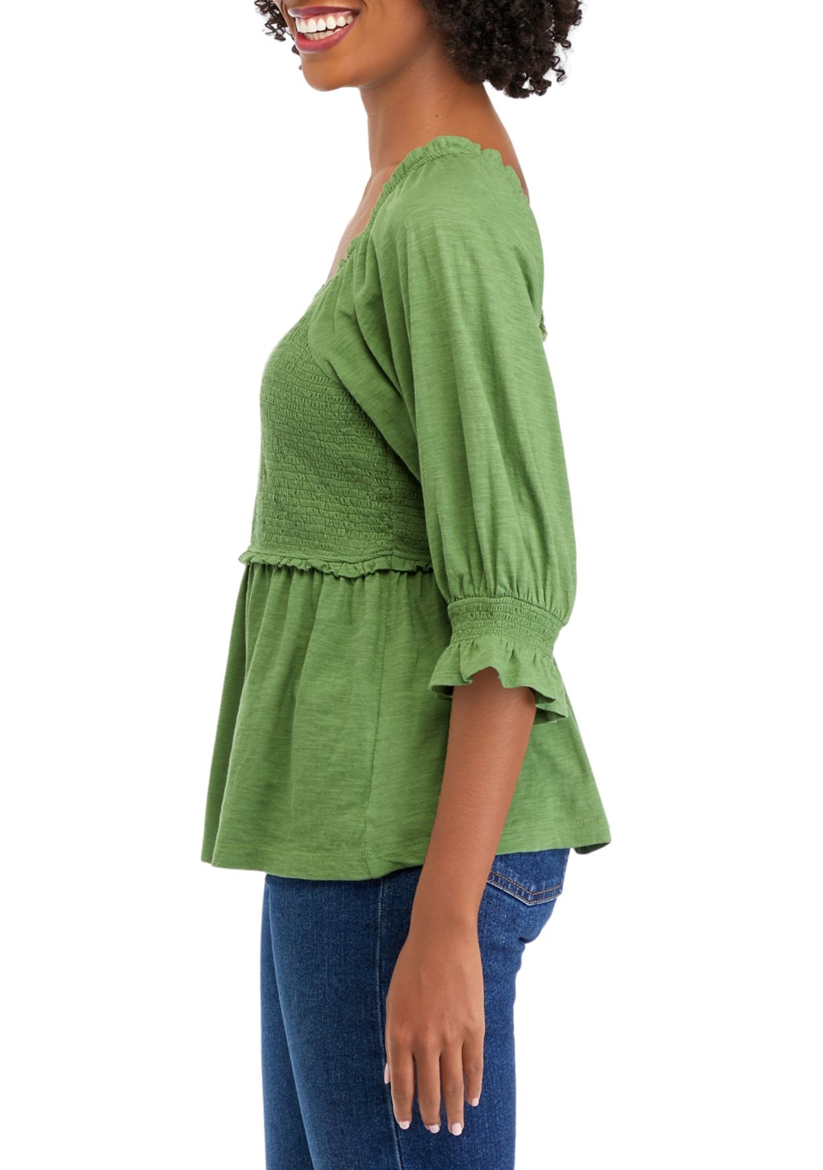 Womens 3/4 Sleeve Smocked T-Shirt
