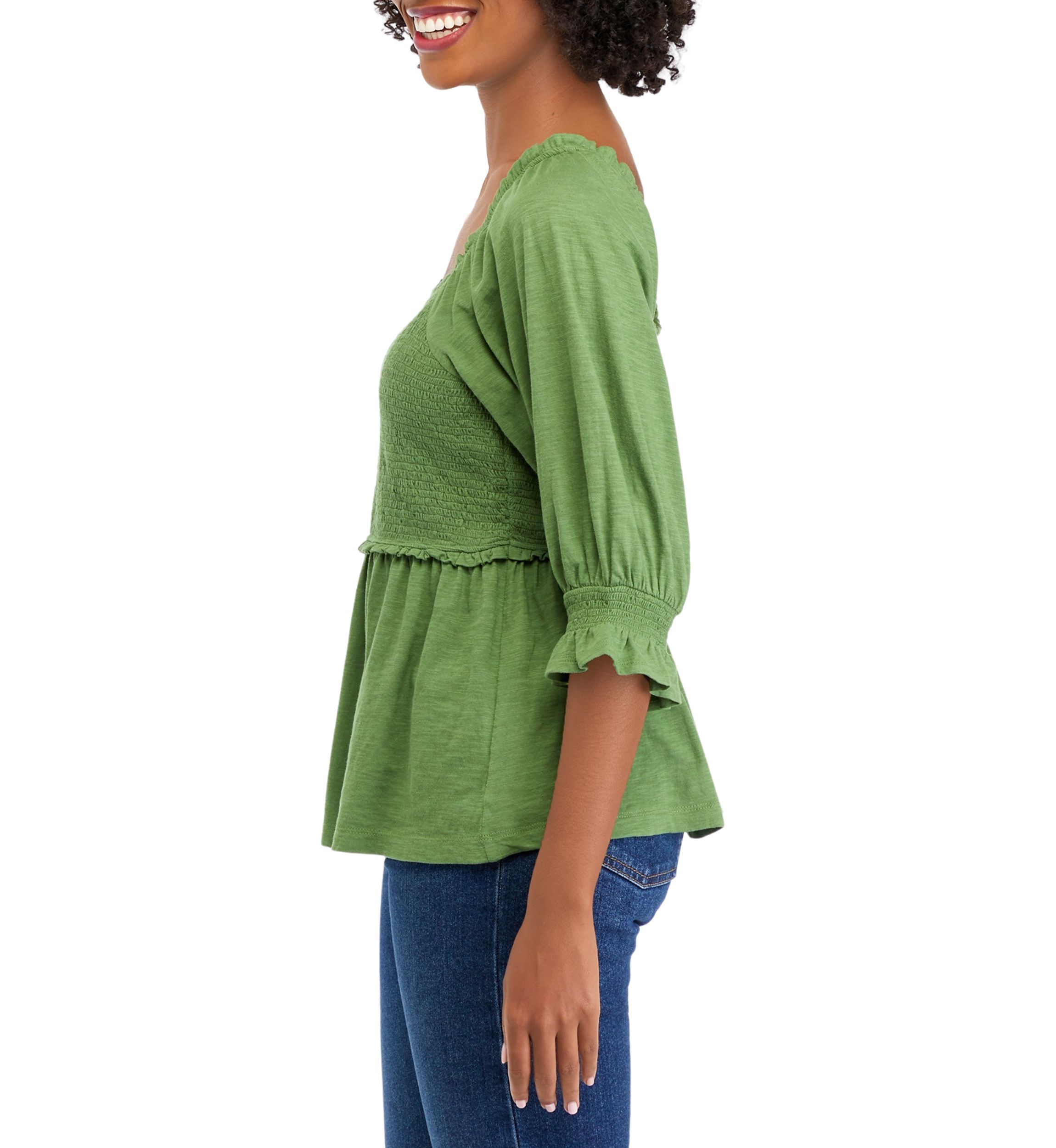 Womens 3/4 Sleeve Smocked T-Shirt