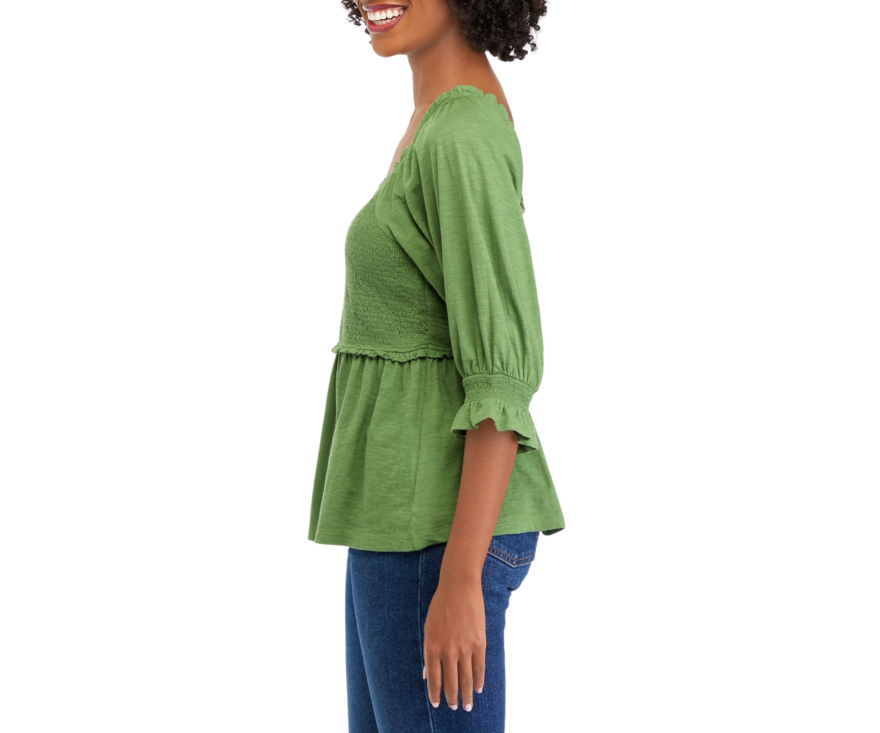 Womens 3/4 Sleeve Smocked T-Shirt