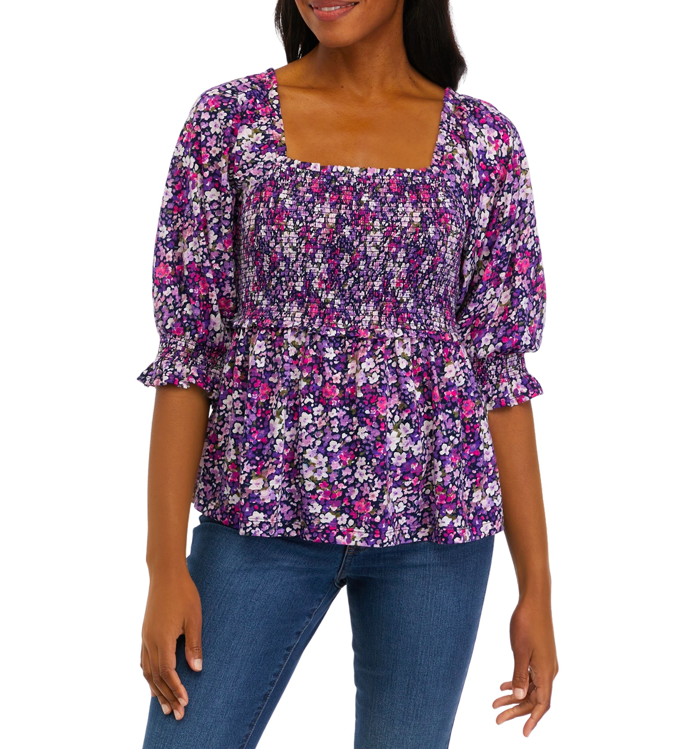 Womens Elbow Sleeve Smocked T-Shirt