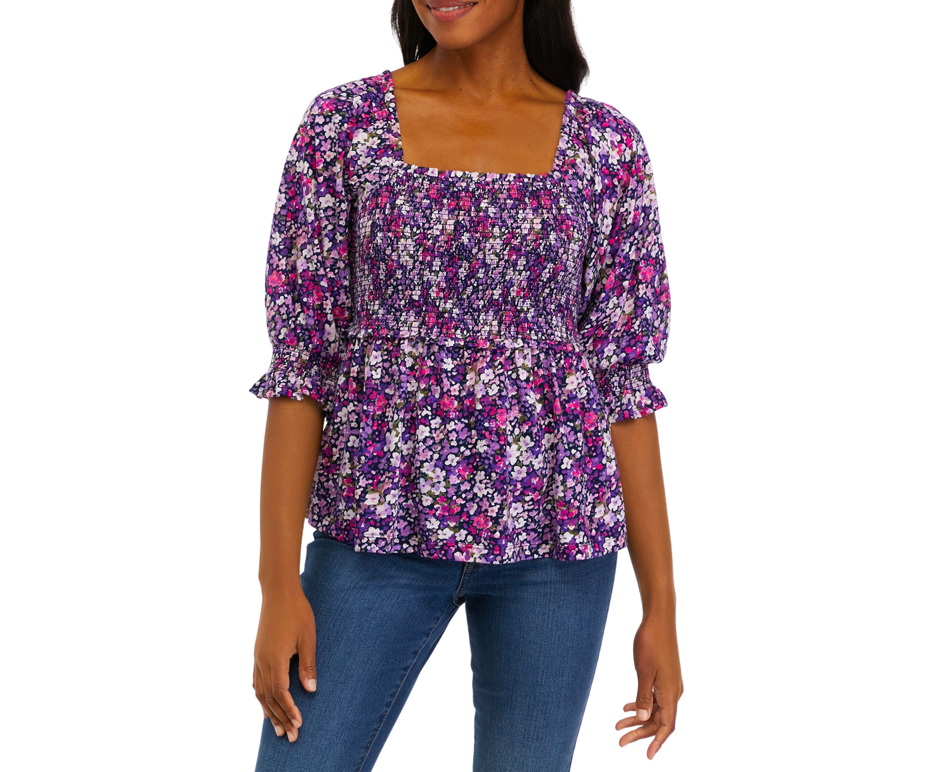 Womens Elbow Sleeve Smocked T-Shirt