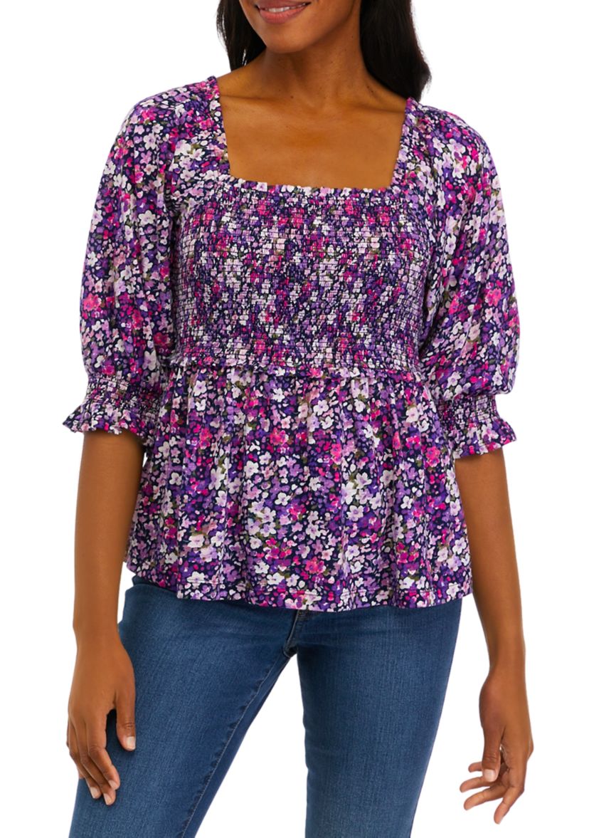 Womens Elbow Sleeve Smocked T-Shirt