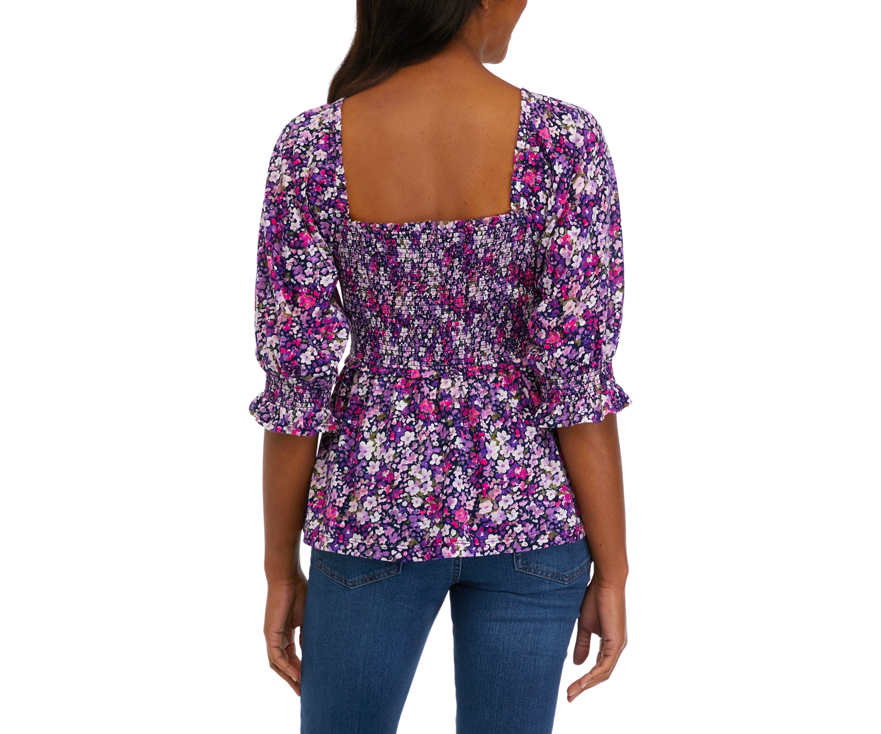 Womens Elbow Sleeve Smocked T-Shirt