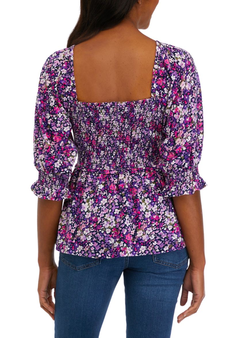 Womens Elbow Sleeve Smocked T-Shirt