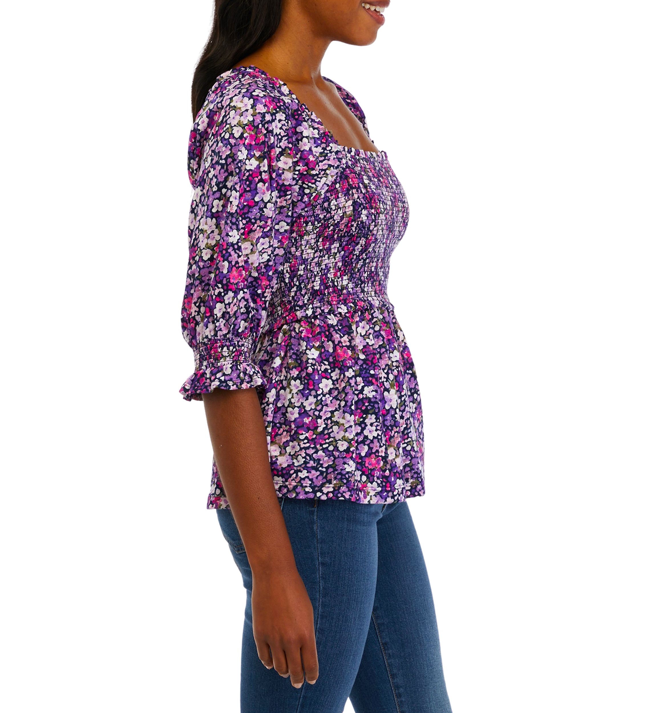 Womens Elbow Sleeve Smocked T-Shirt