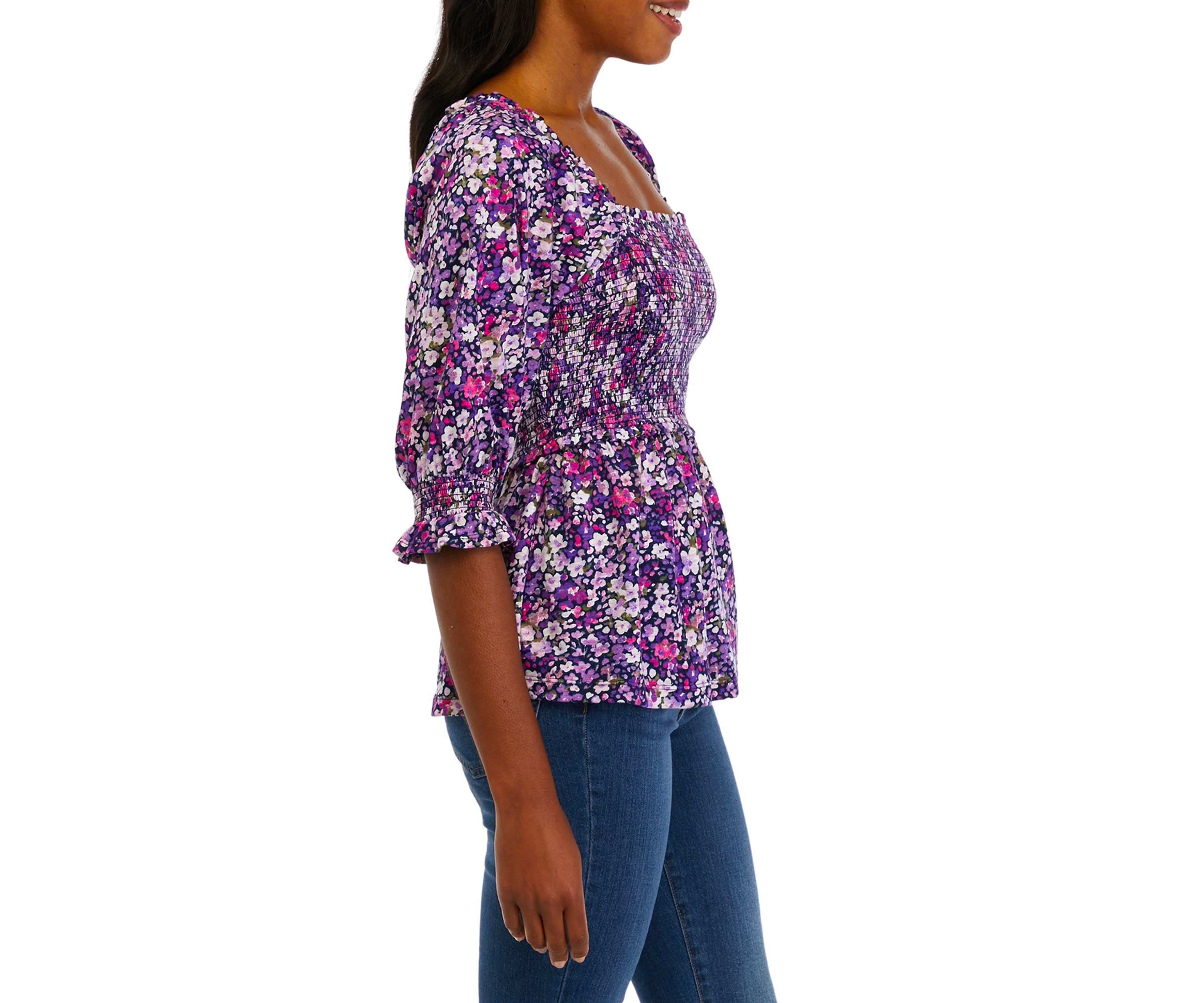 Womens Elbow Sleeve Smocked T-Shirt