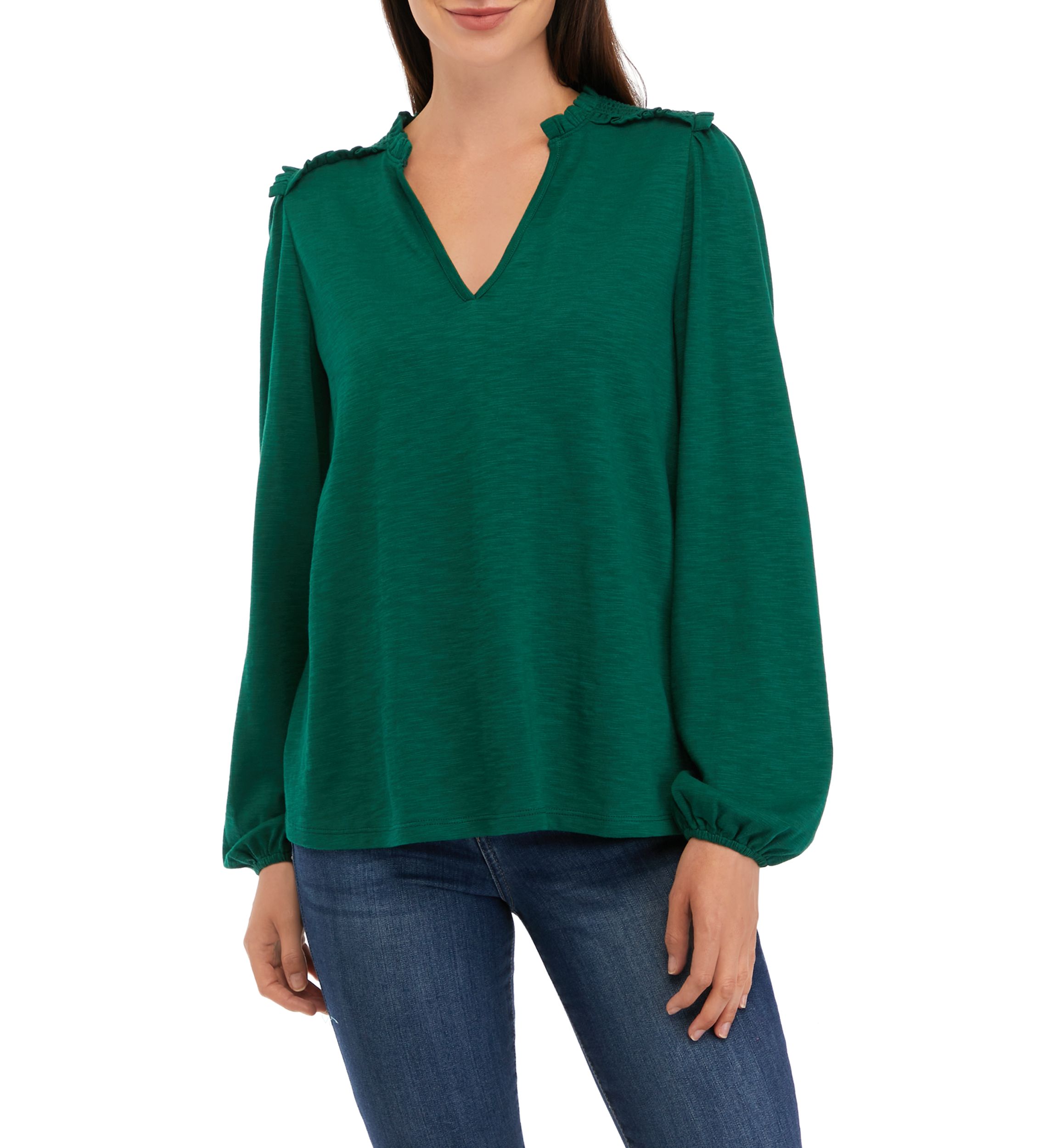 Womens Long Sleeve Smocked Split Neck T-Shirt