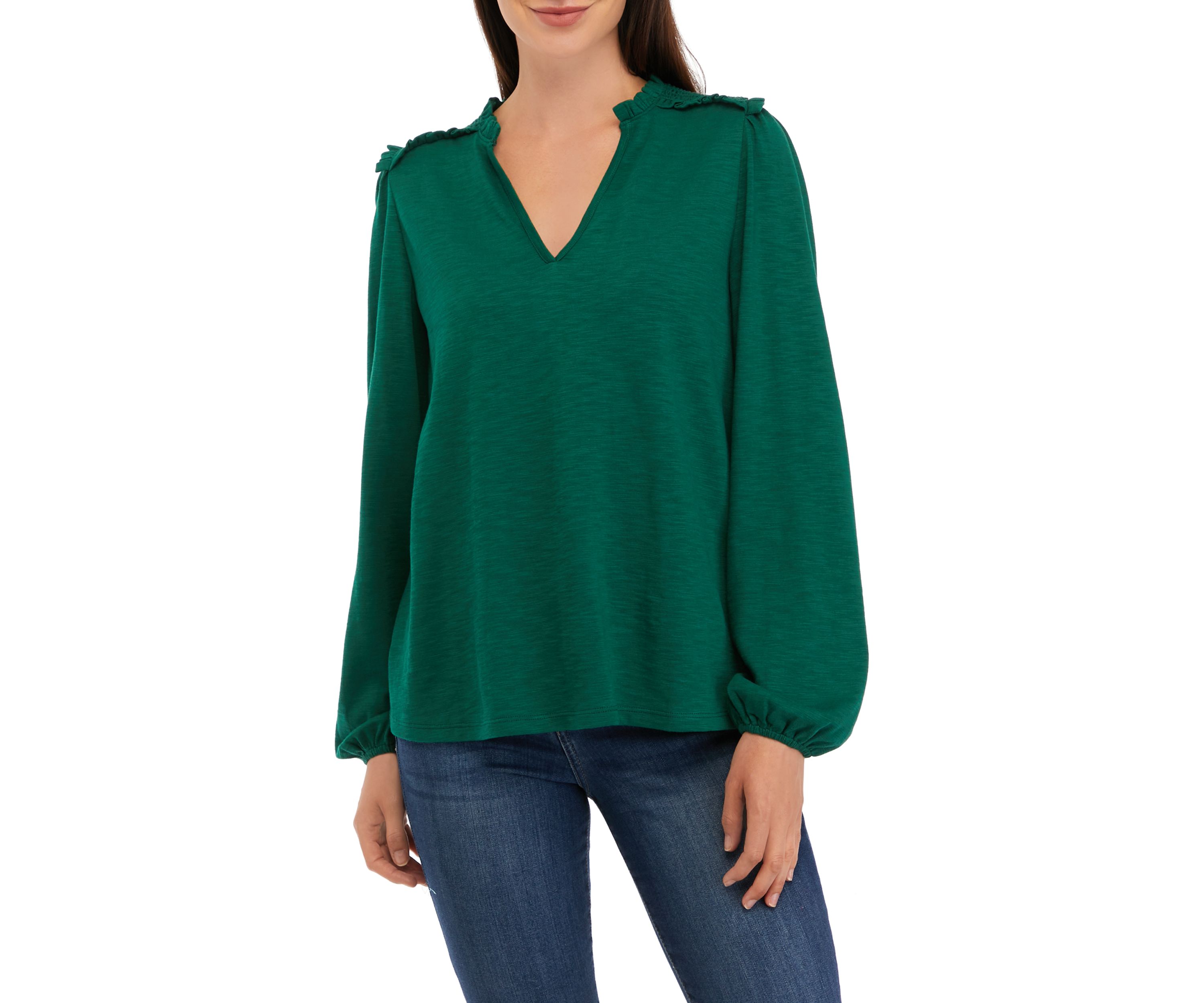 Womens Long Sleeve Smocked Split Neck T-Shirt