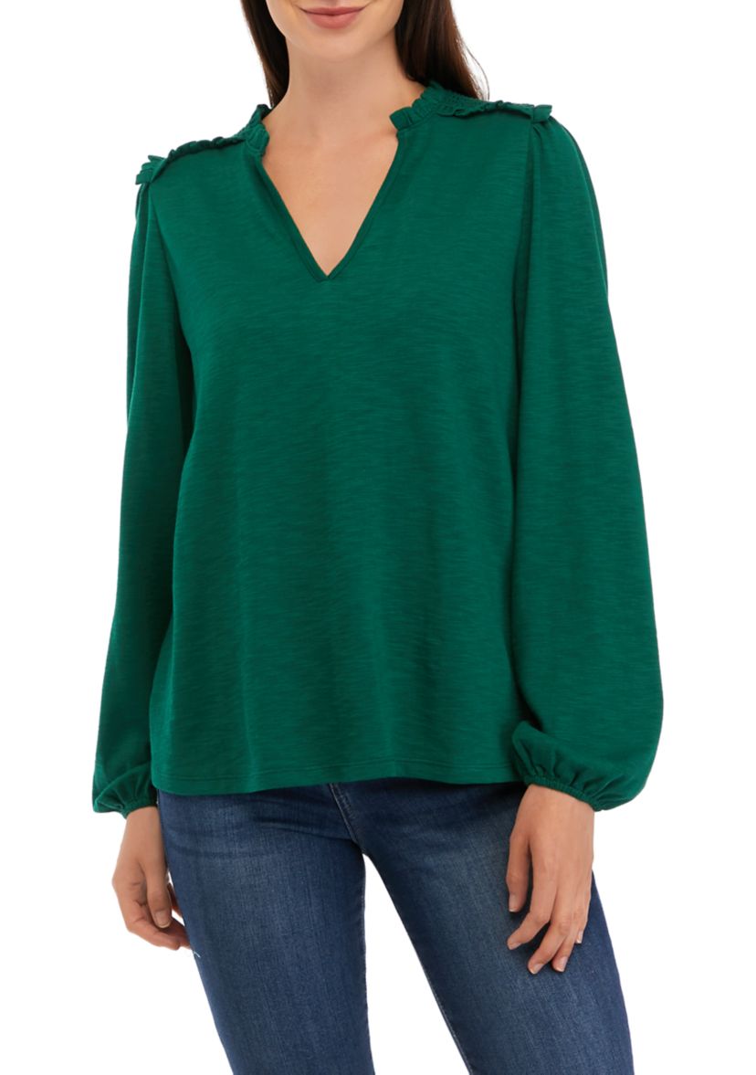 Womens Long Sleeve Smocked Split Neck T-Shirt