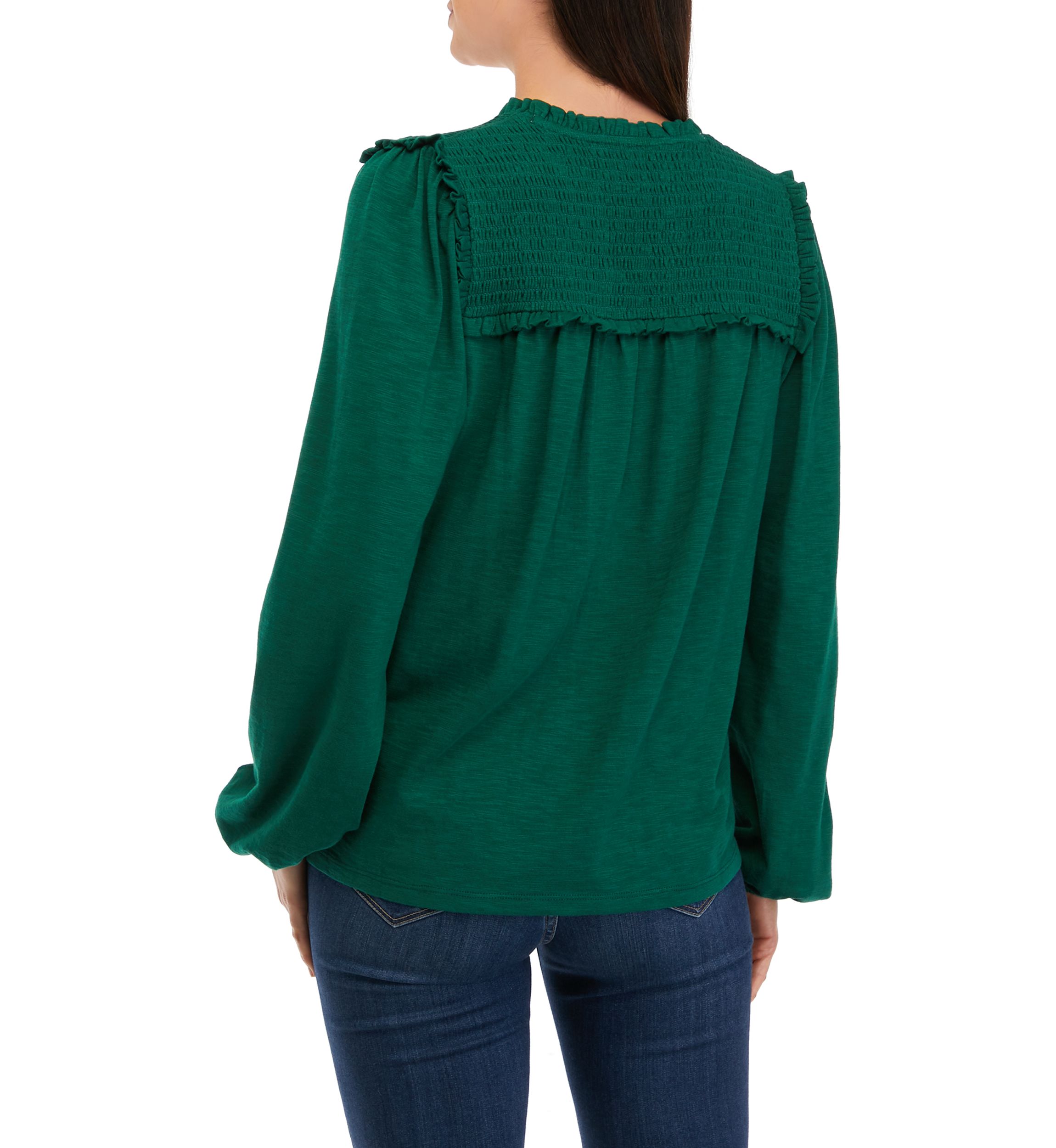 Womens Long Sleeve Smocked Split Neck T-Shirt