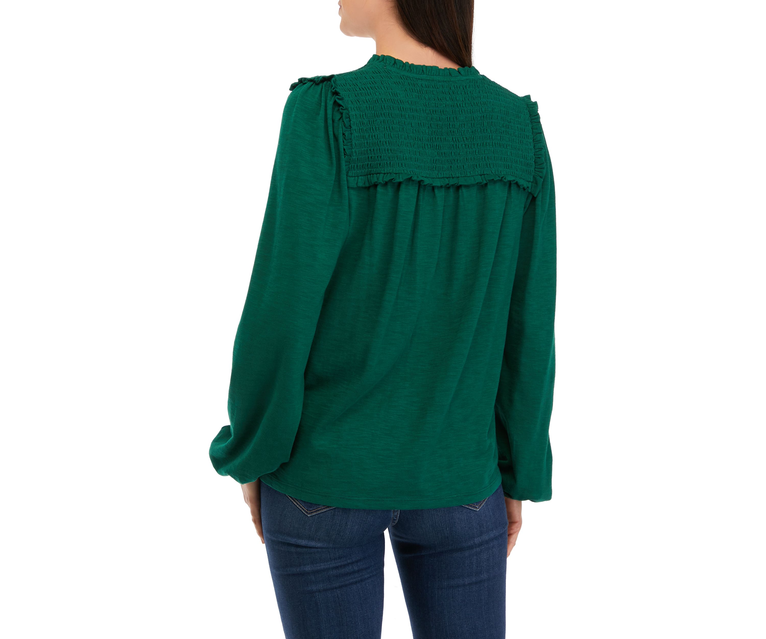 Womens Long Sleeve Smocked Split Neck T-Shirt