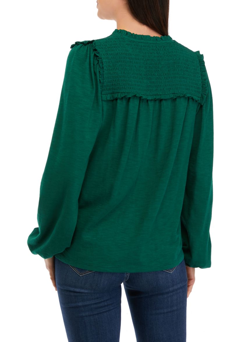 Womens Long Sleeve Smocked Split Neck T-Shirt
