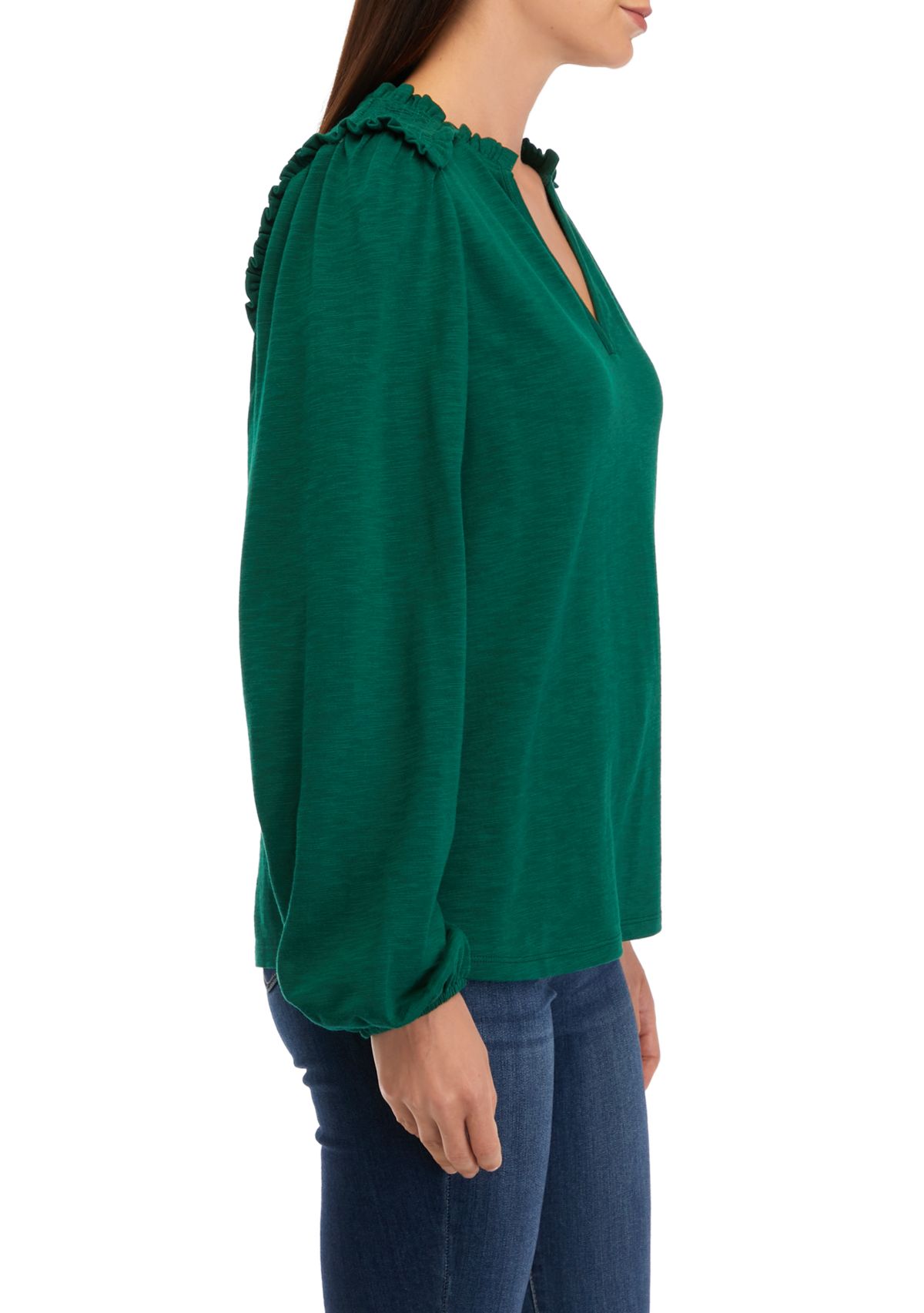 Womens Long Sleeve Smocked Split Neck T-Shirt