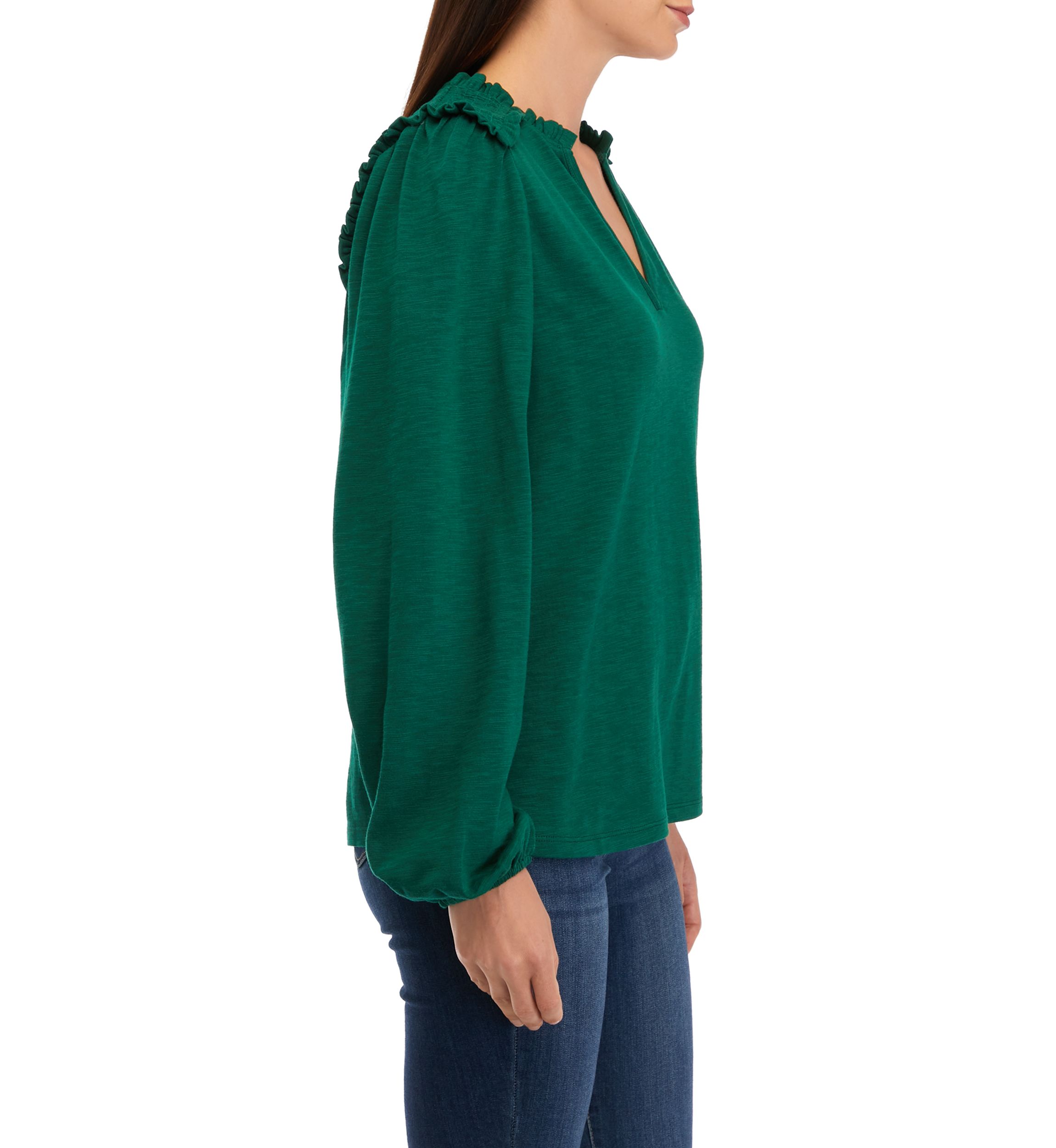 Womens Long Sleeve Smocked Split Neck T-Shirt