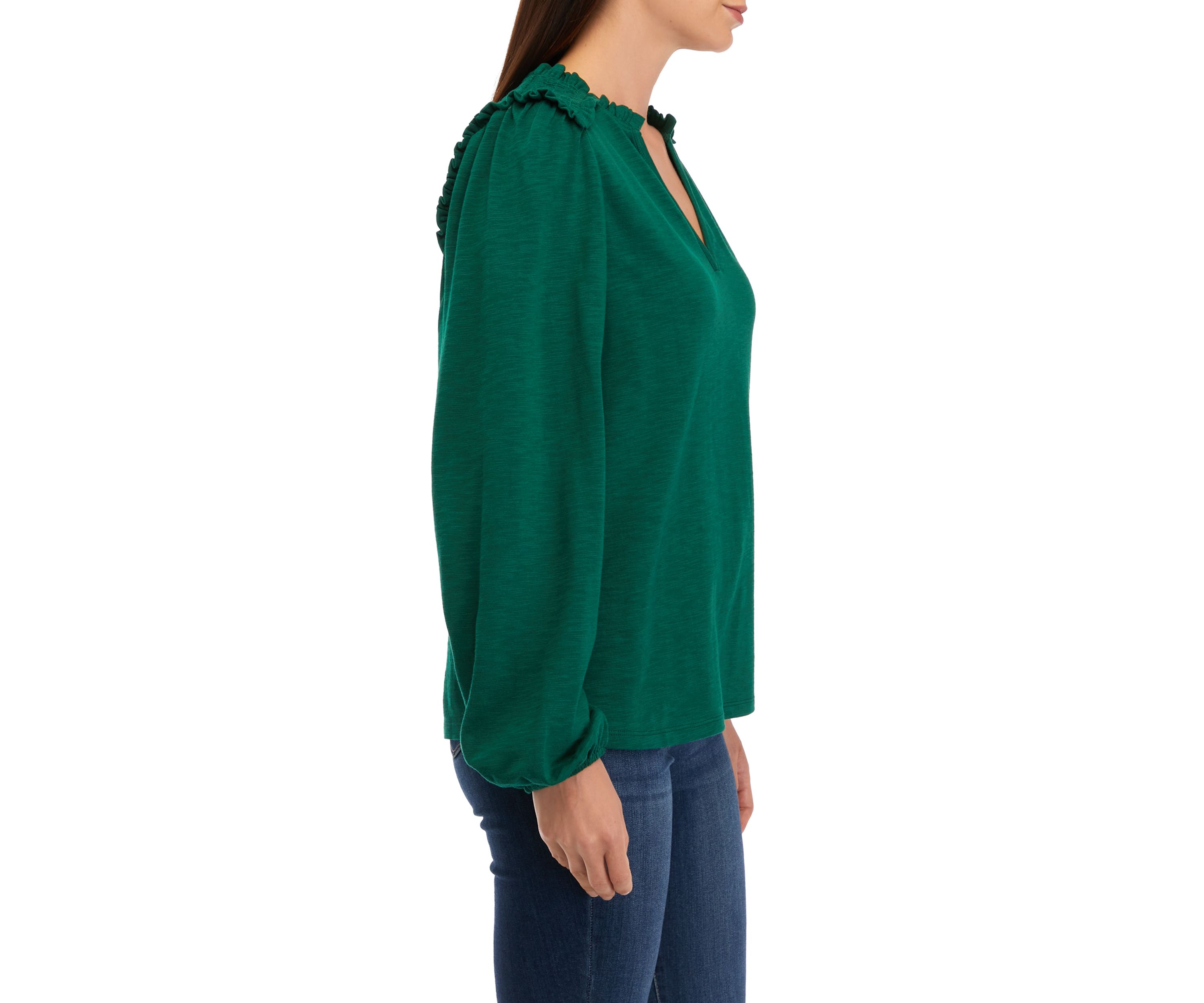 Womens Long Sleeve Smocked Split Neck T-Shirt