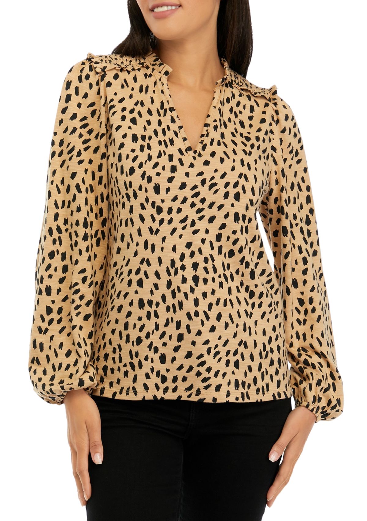 Womens Long Sleeve Smocked Split Neck T-Shirt