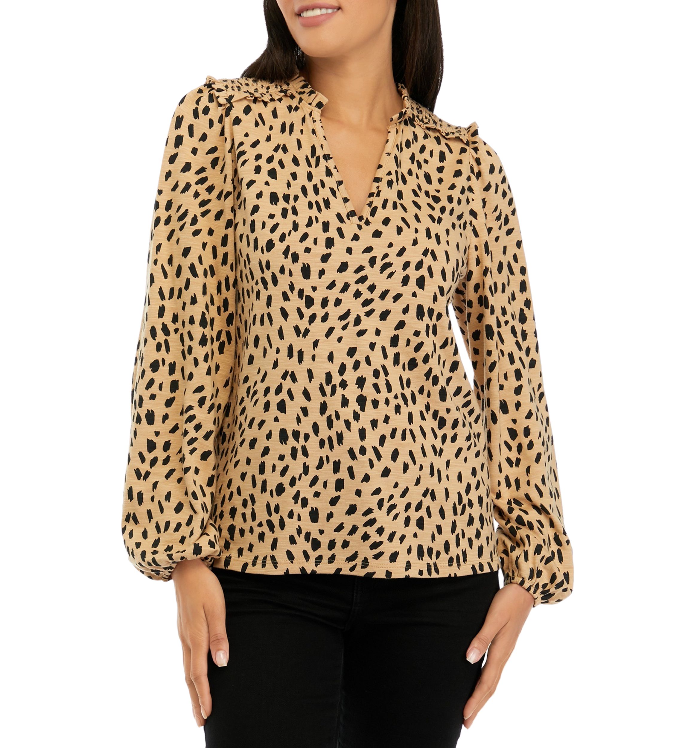 Womens Long Sleeve Smocked Split Neck T-Shirt