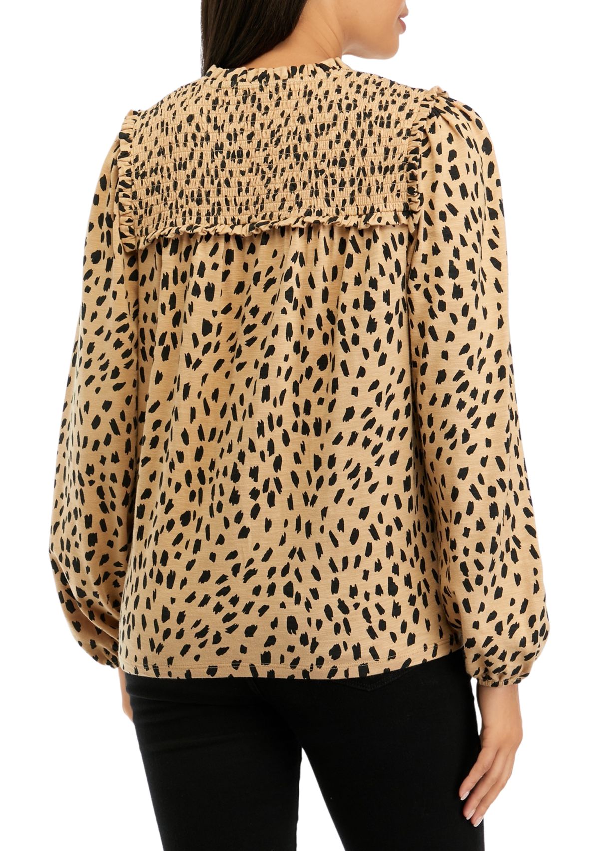 Womens Long Sleeve Smocked Split Neck T-Shirt