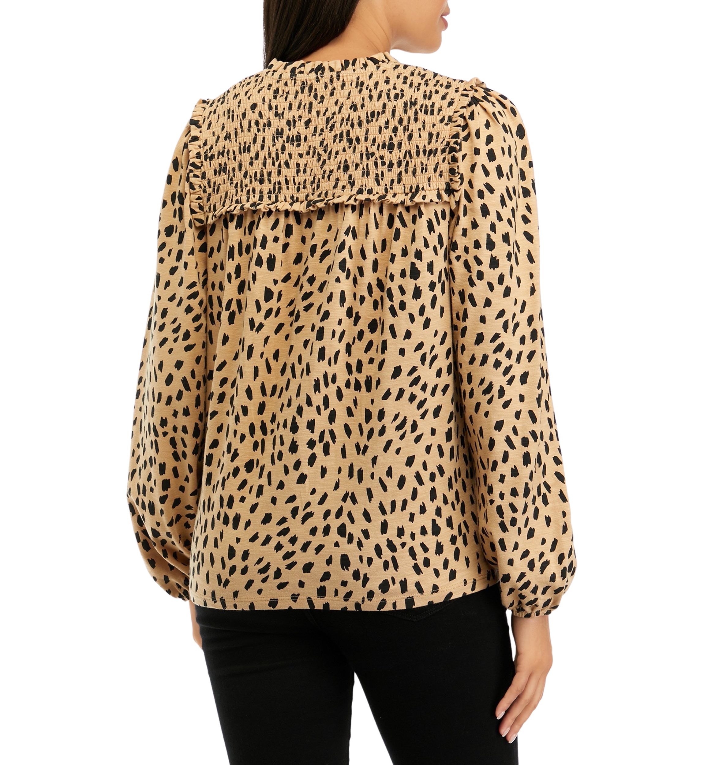 Womens Long Sleeve Smocked Split Neck T-Shirt