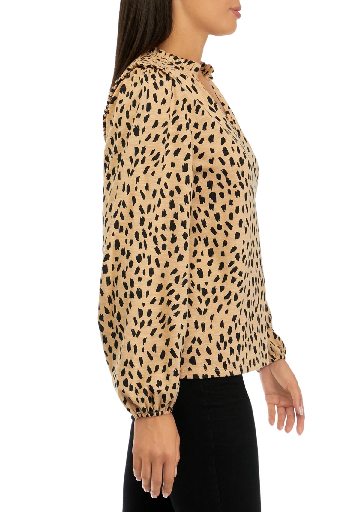 Womens Long Sleeve Smocked Split Neck T-Shirt