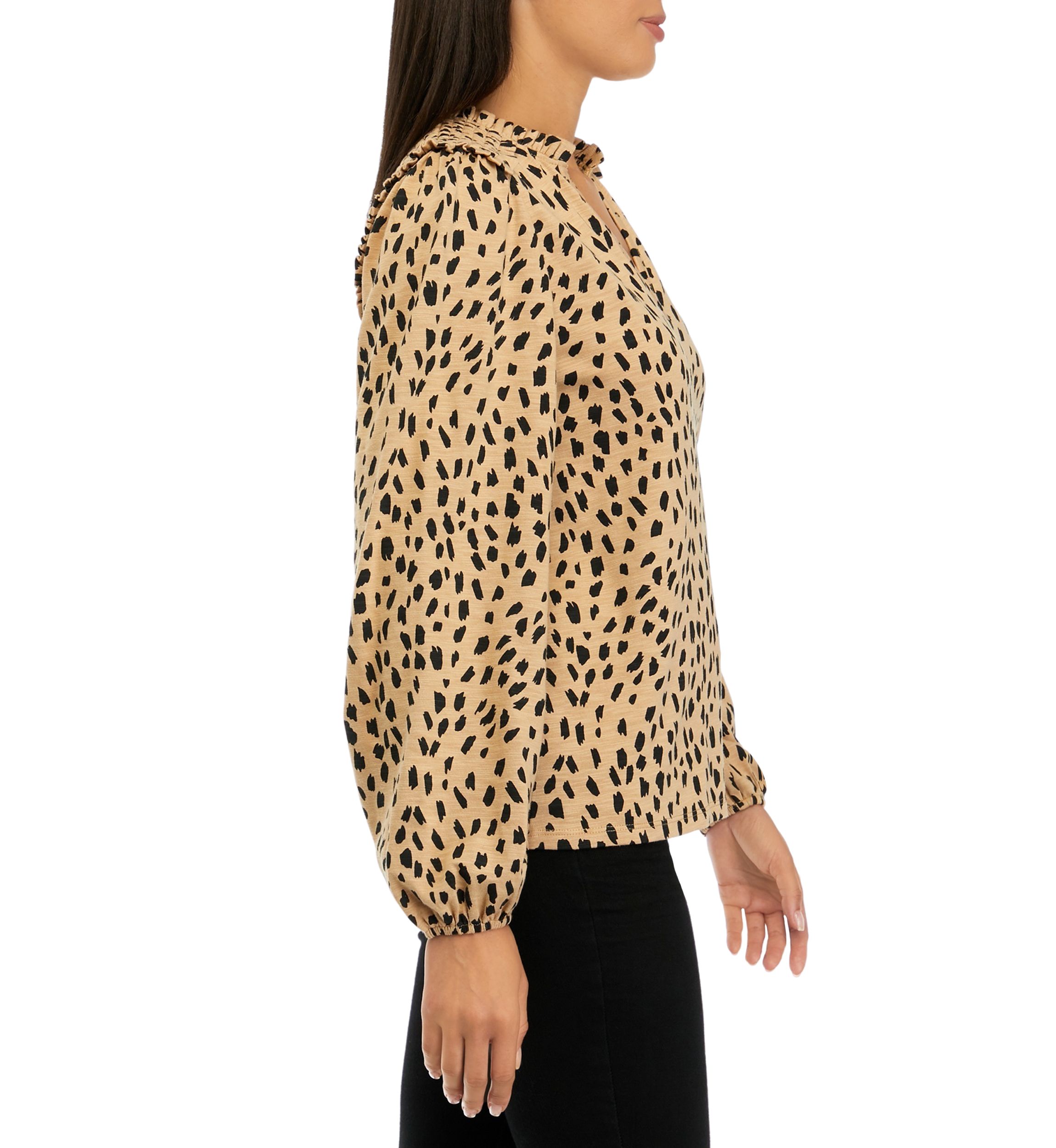 Womens Long Sleeve Smocked Split Neck T-Shirt