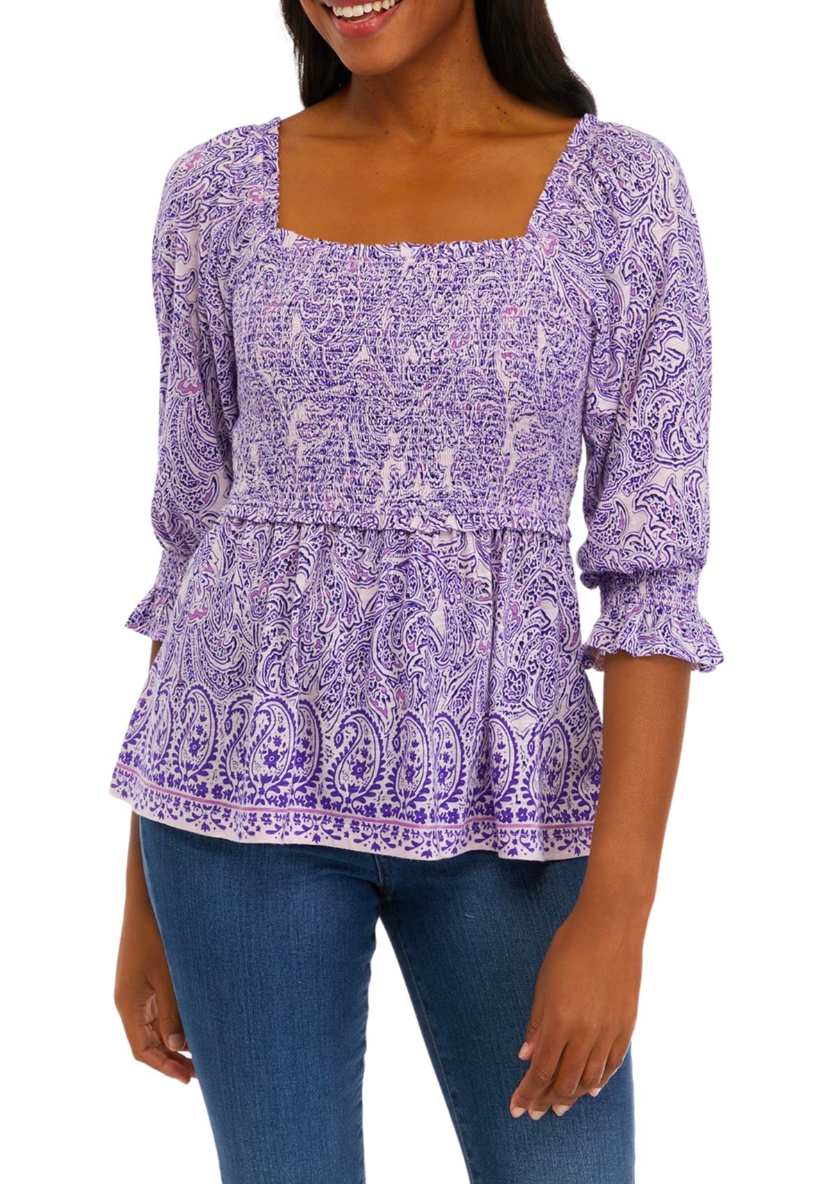 Womens Elbow Sleeve Smocked Placement Print T-Shirt