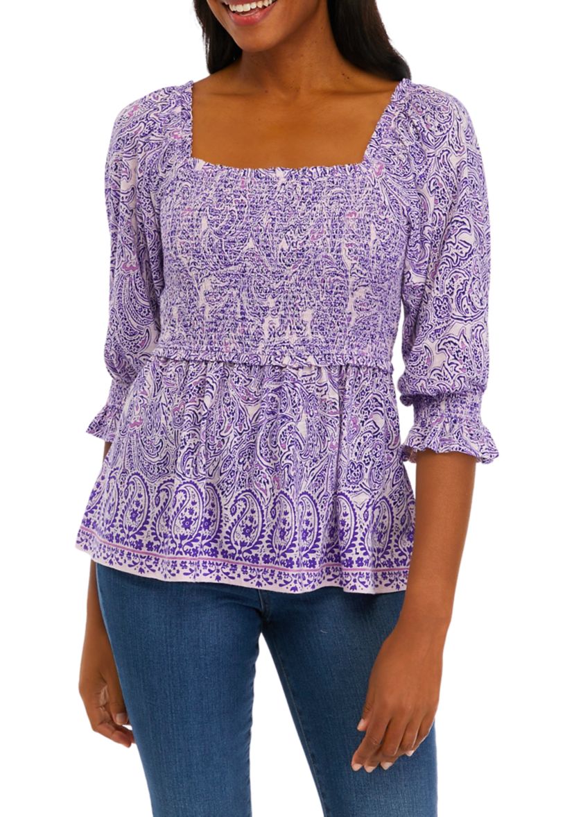 Womens Elbow Sleeve Smocked Placement Print T-Shirt