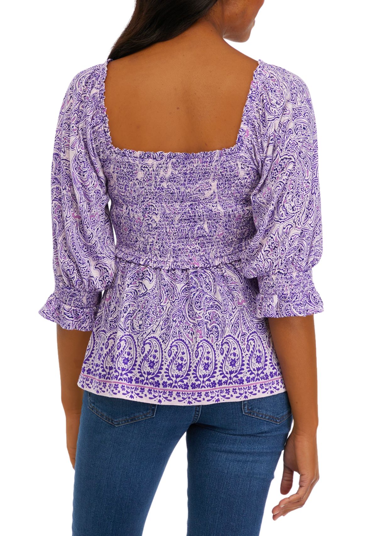 Womens Elbow Sleeve Smocked Placement Print T-Shirt