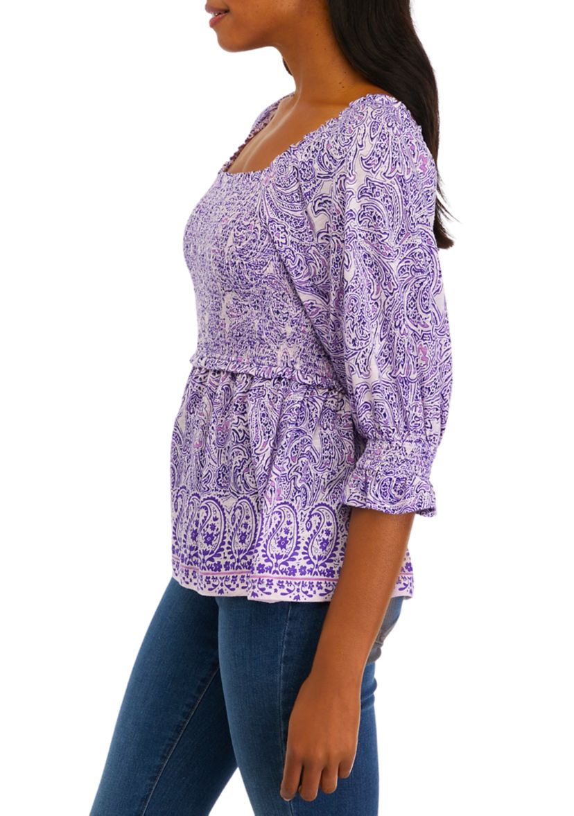Womens Elbow Sleeve Smocked Placement Print T-Shirt