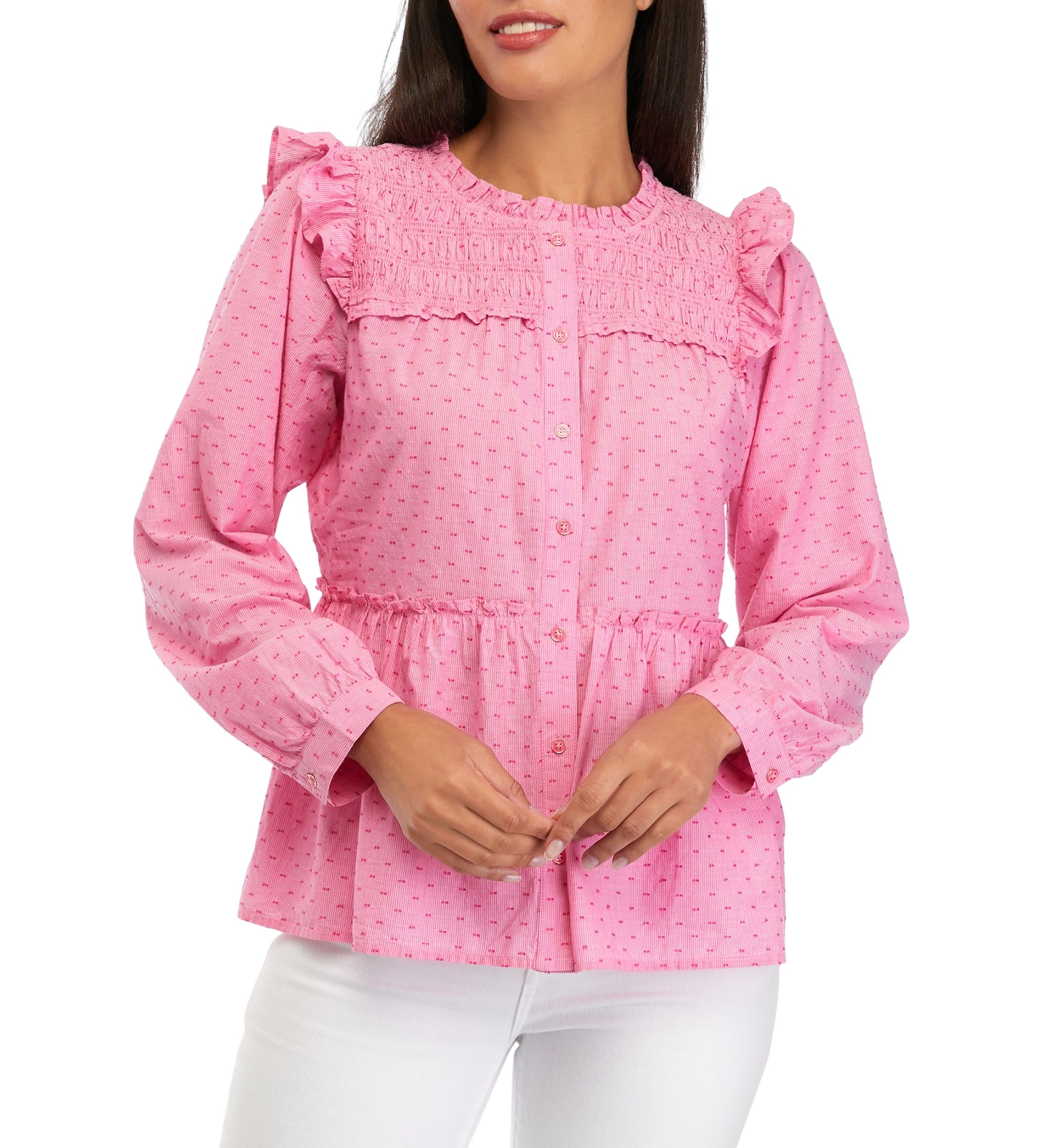 Womens Smocked Button Front Ruffle Top