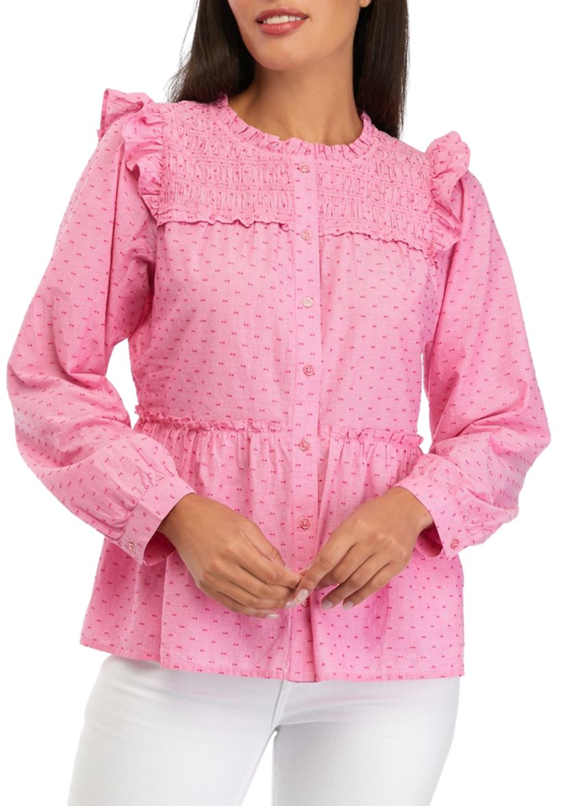 Womens Smocked Button Front Ruffle Top
