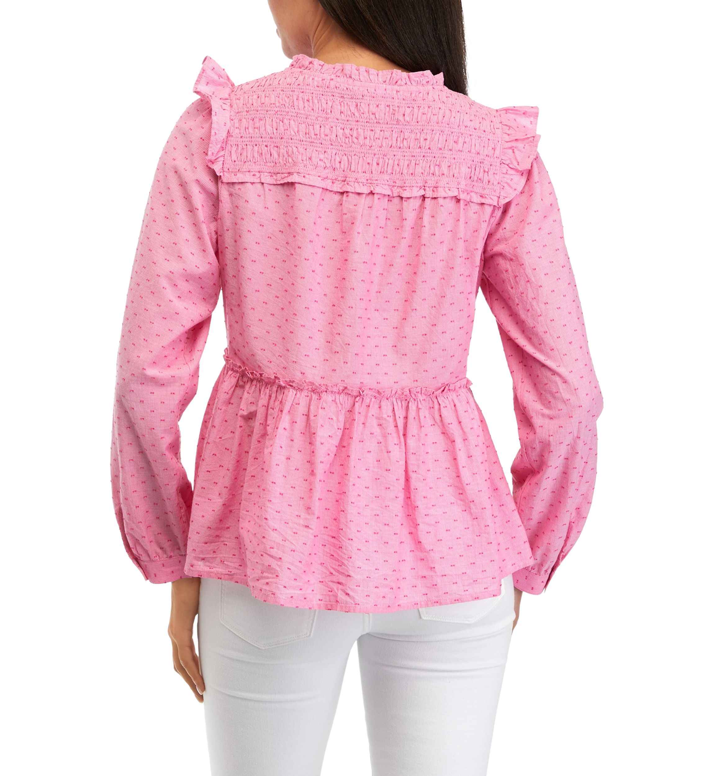 Womens Smocked Button Front Ruffle Top