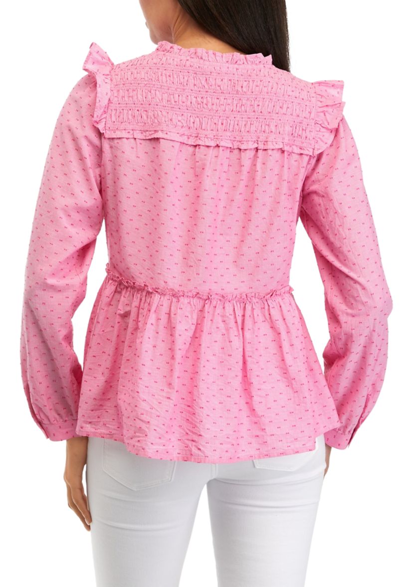 Womens Smocked Button Front Ruffle Top