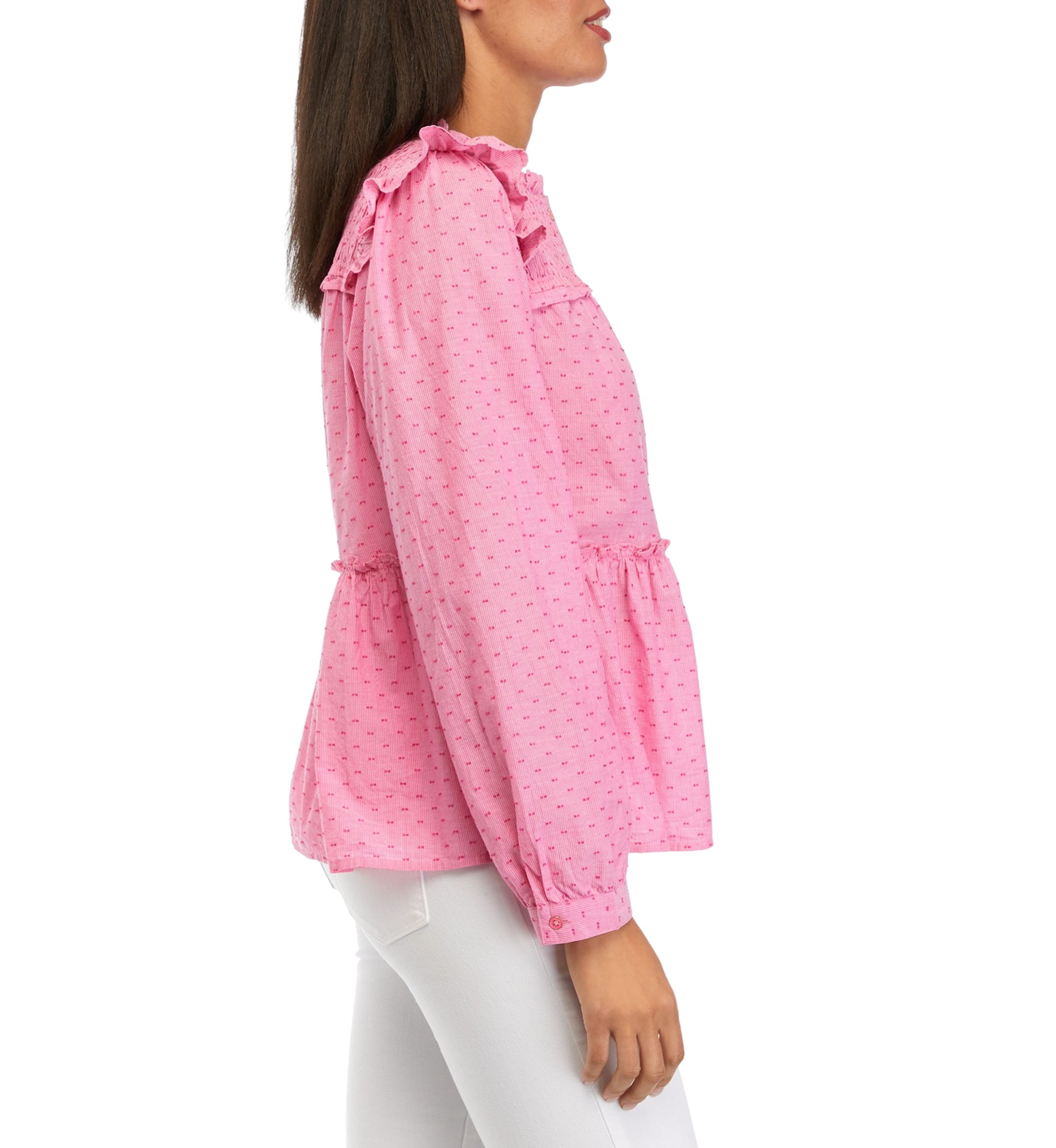 Womens Smocked Button Front Ruffle Top