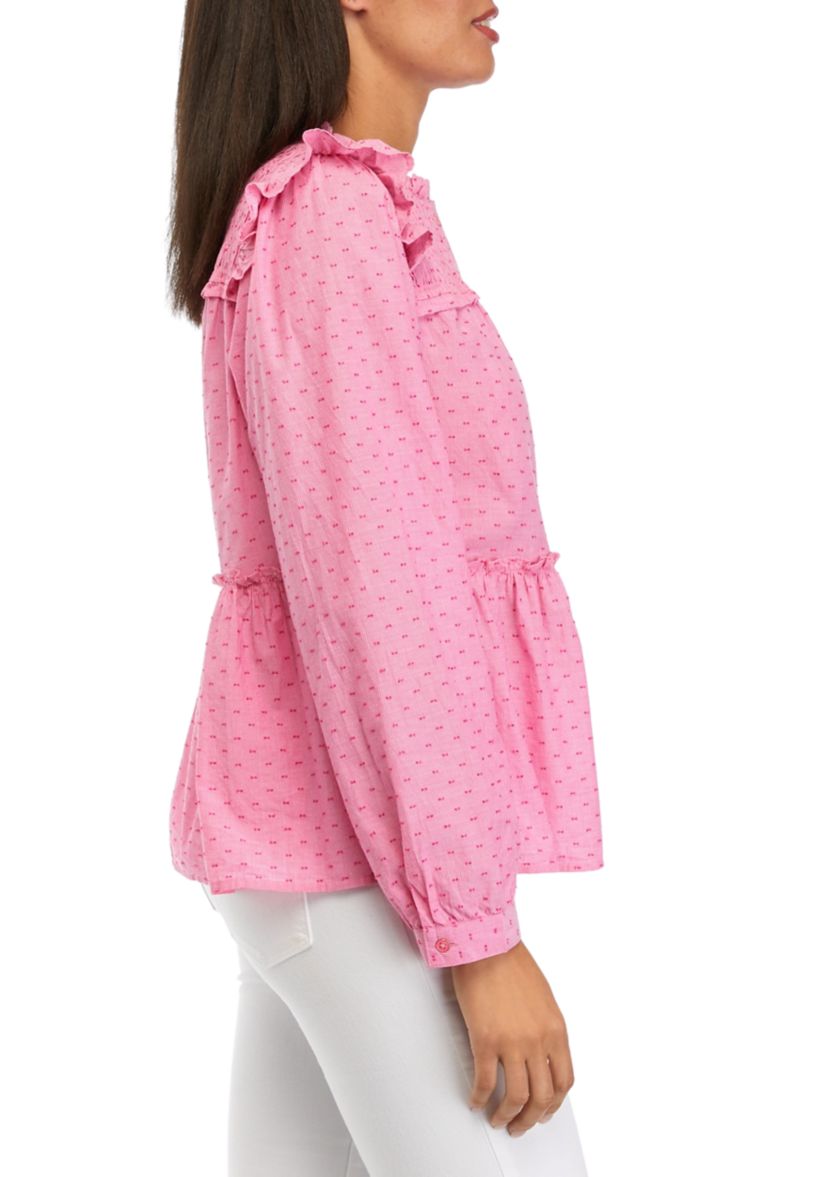 Womens Smocked Button Front Ruffle Top