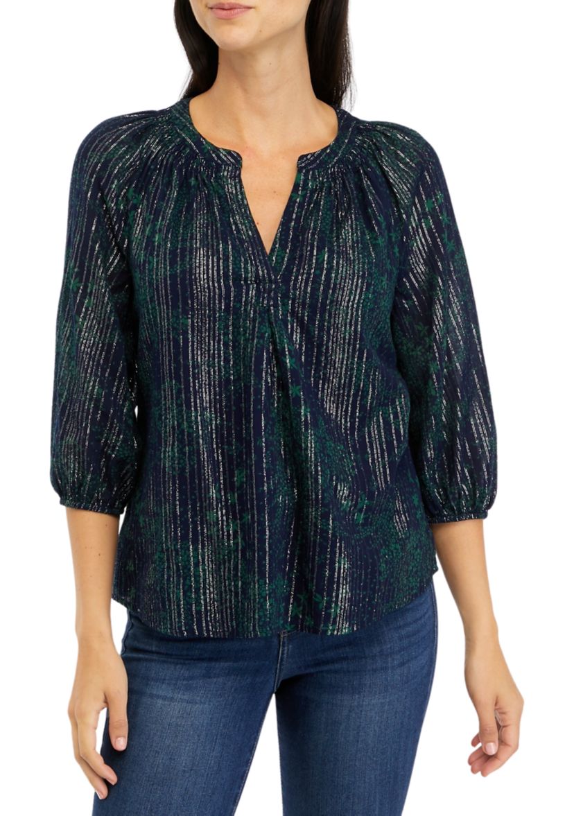 Womens 3/4 Sleeve Printed Peasant Top