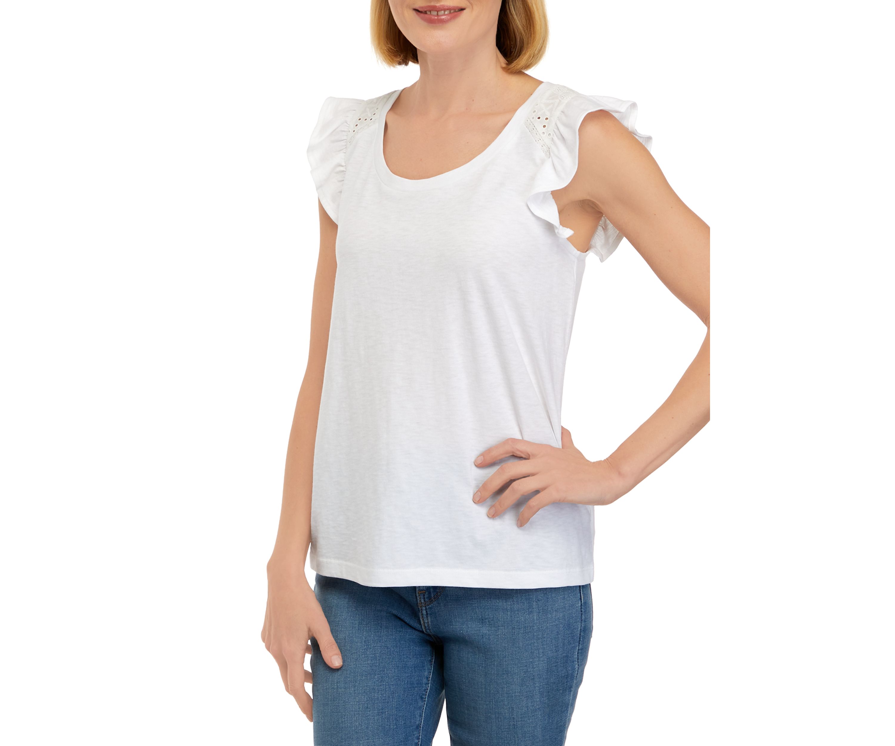 Womens Ruffle Sleeve Eyelet Top