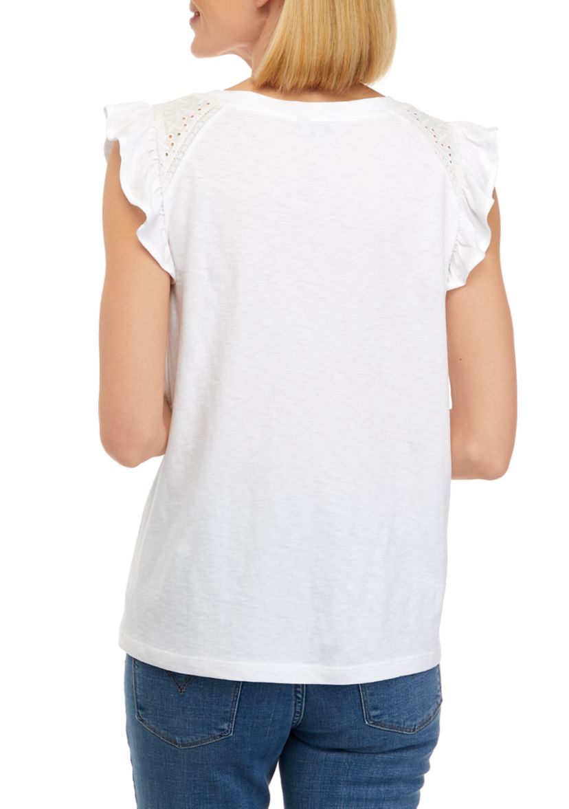 Womens Ruffle Sleeve Eyelet Top