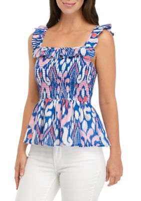 Crown & Ivy Women's Flutter Sleeve Square Neck Printed Top, Blue, X-Large -  0480020941857