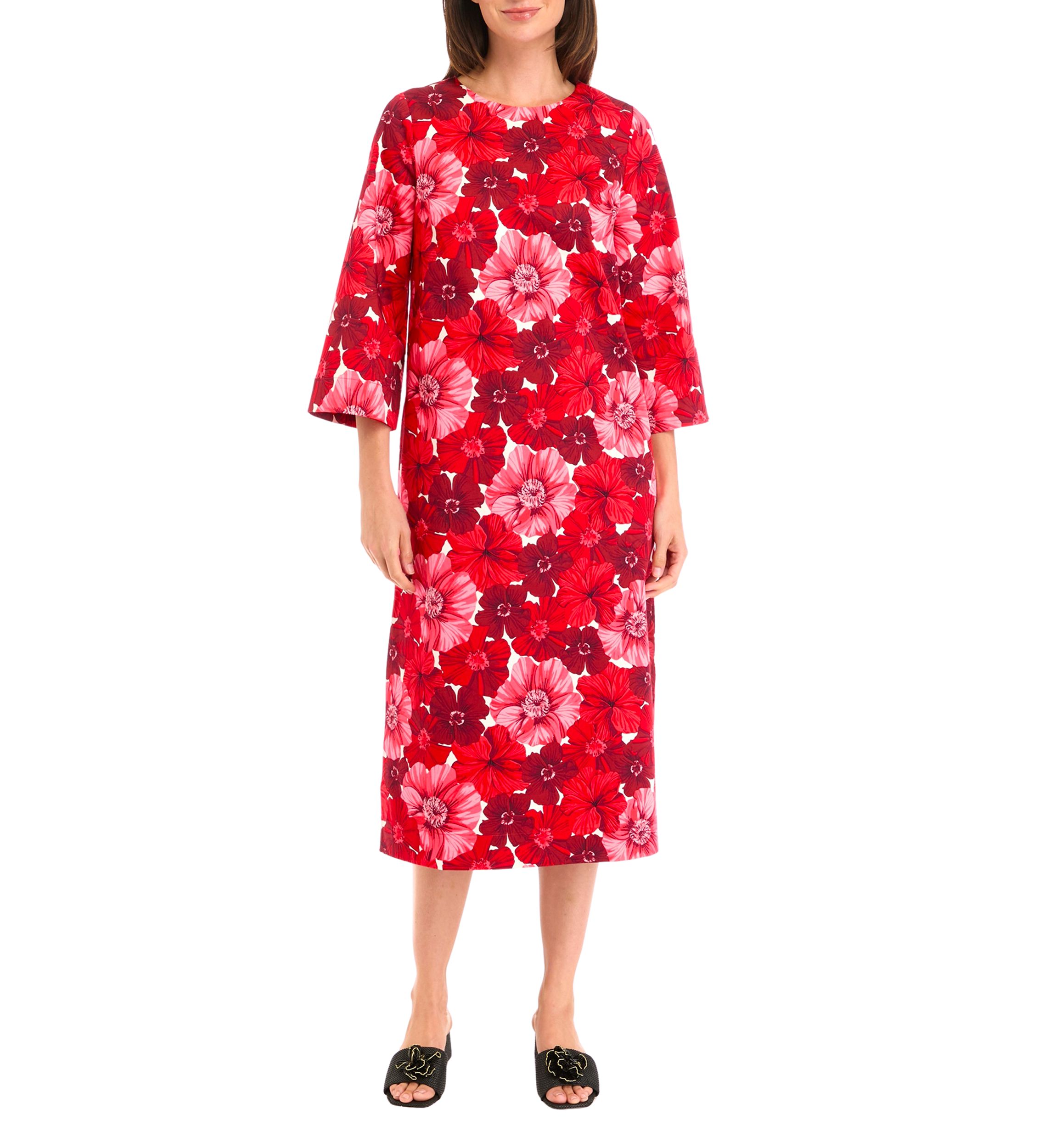 Womens 3/4 Sleeve Printed Shift Midi Dress