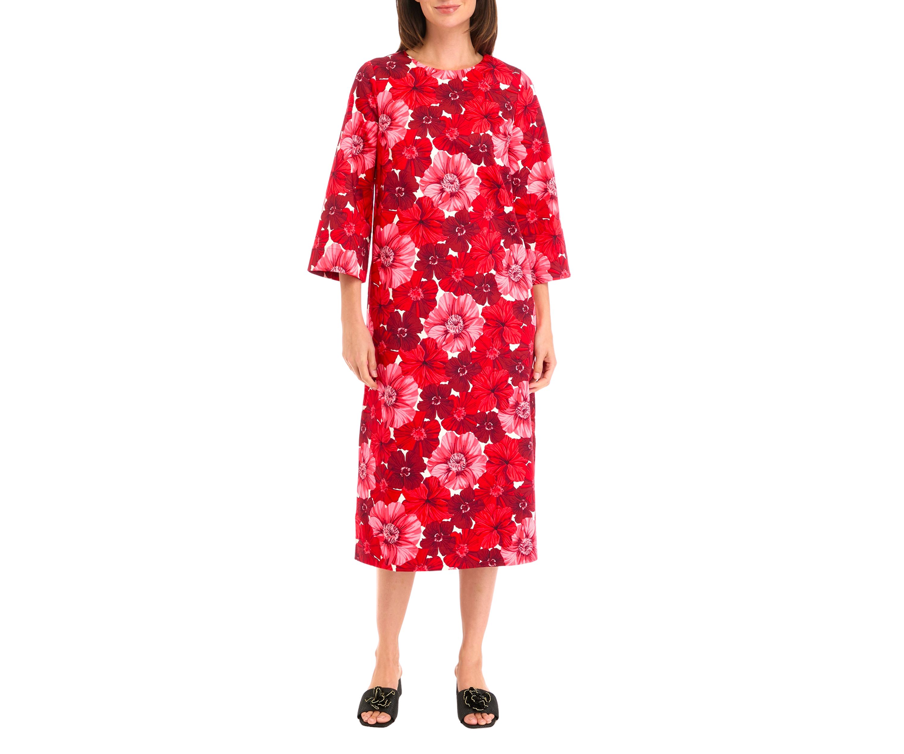Womens 3/4 Sleeve Printed Shift Midi Dress