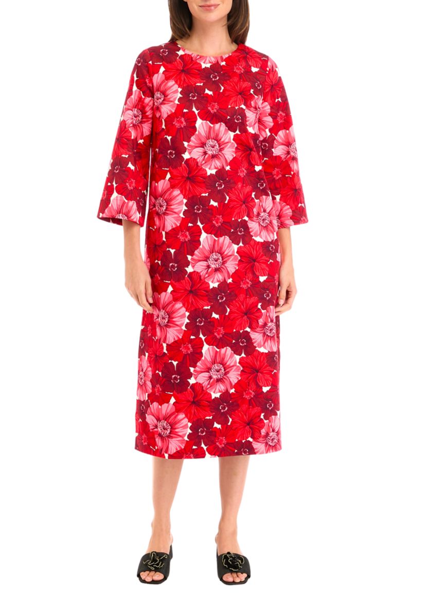 Womens 3/4 Sleeve Printed Shift Midi Dress