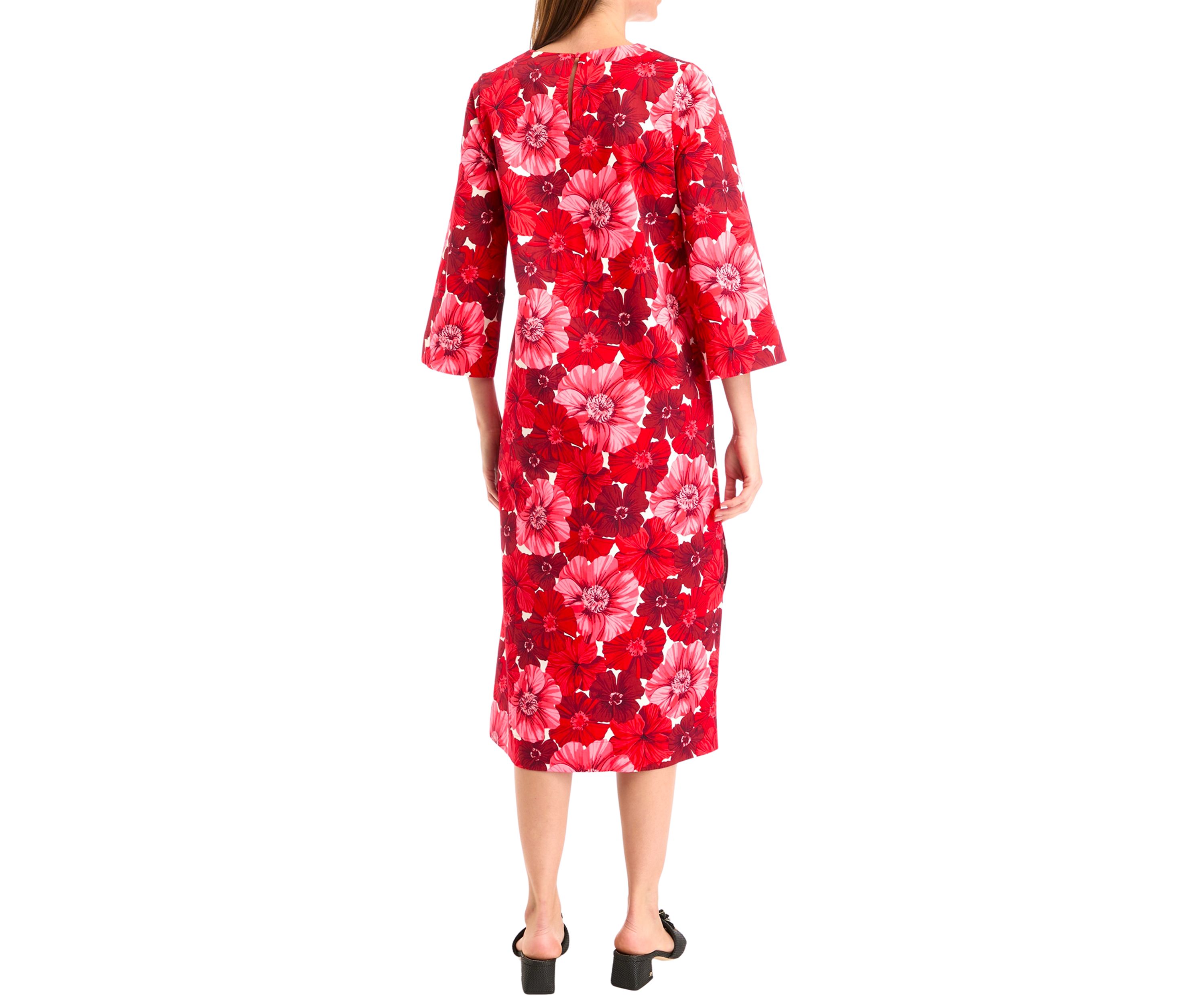Womens 3/4 Sleeve Printed Shift Midi Dress