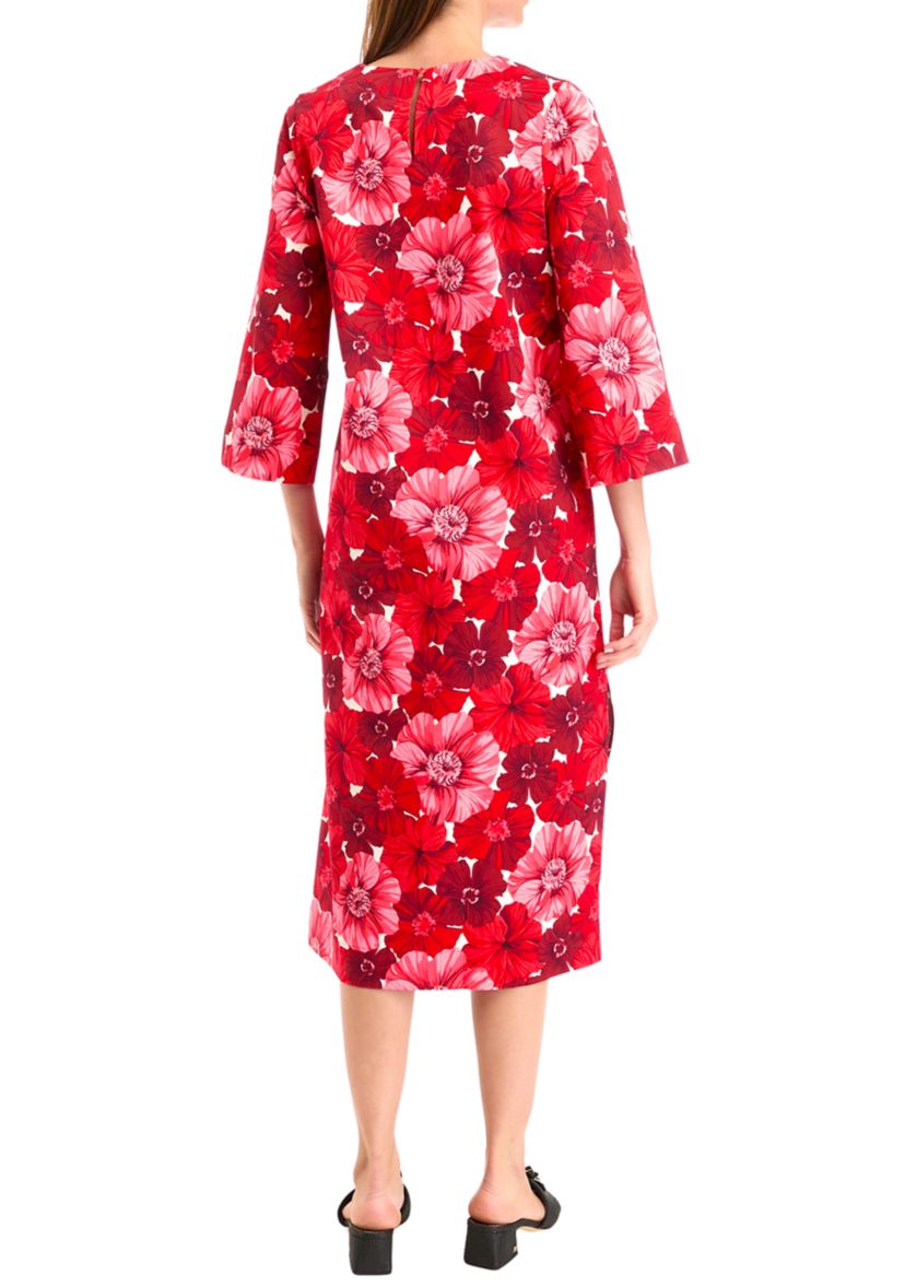 Womens 3/4 Sleeve Printed Shift Midi Dress