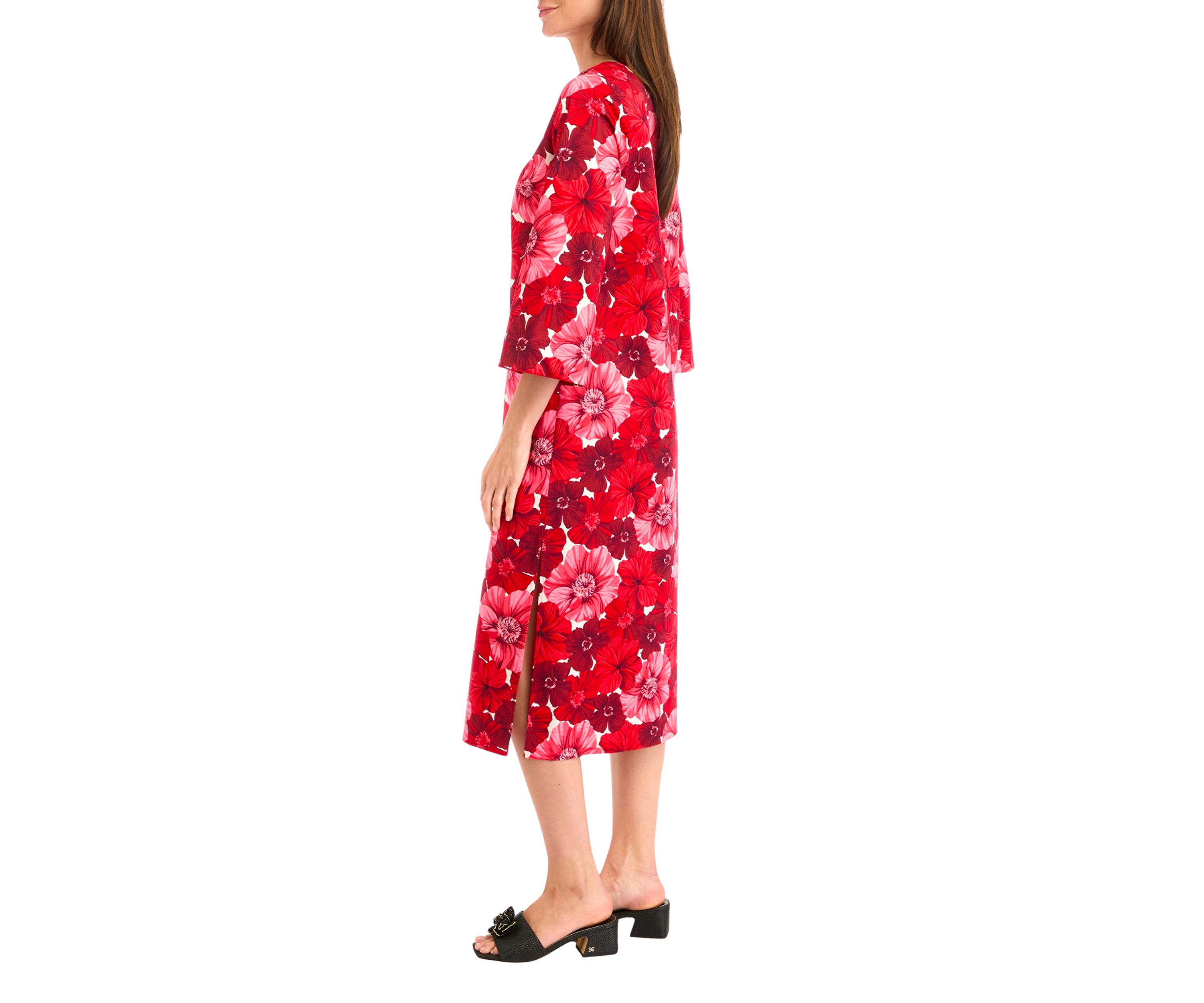 Womens 3/4 Sleeve Printed Shift Midi Dress
