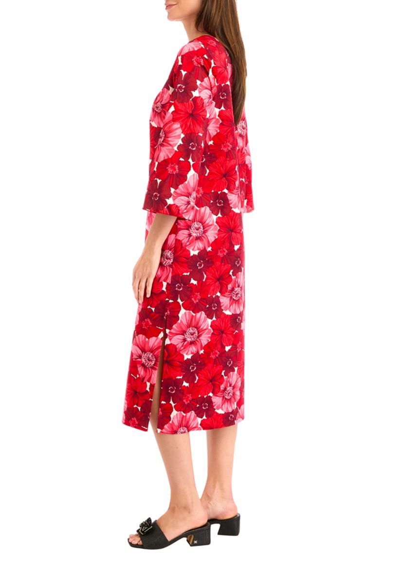 Womens 3/4 Sleeve Printed Shift Midi Dress