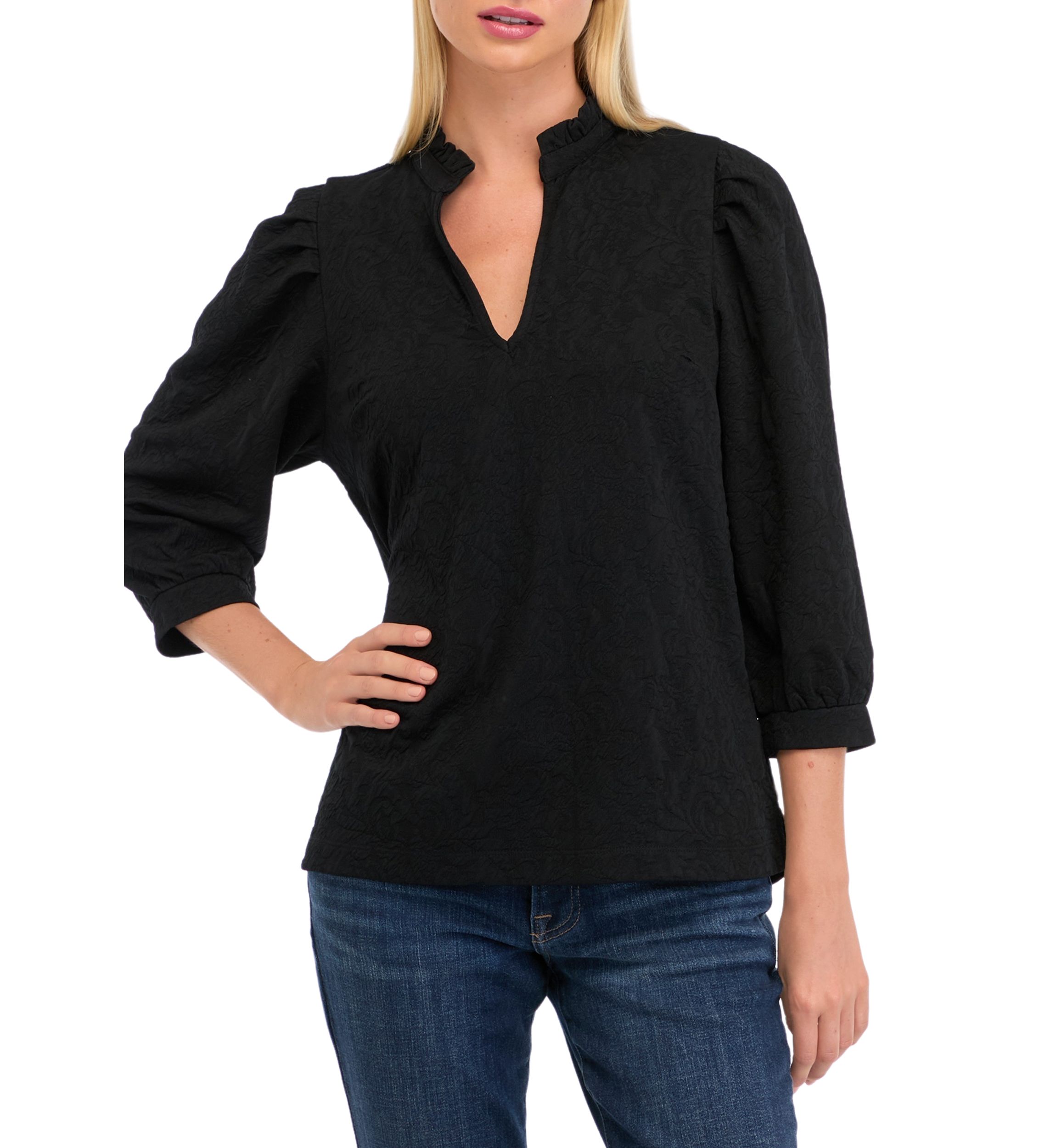 Womens 3/4 Sleeve Jacquard Ruffle Neck Top