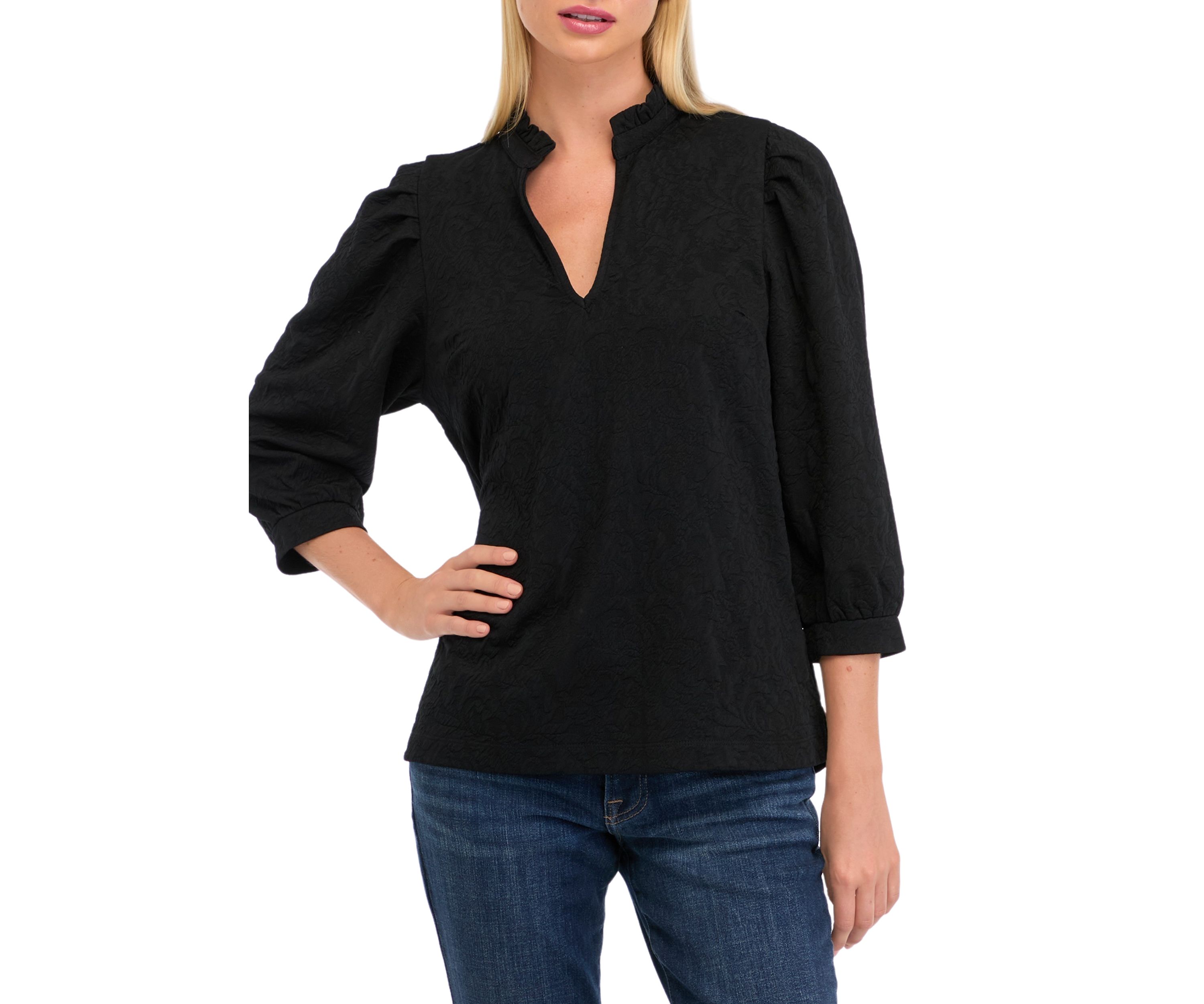 Womens 3/4 Sleeve Jacquard Ruffle Neck Top